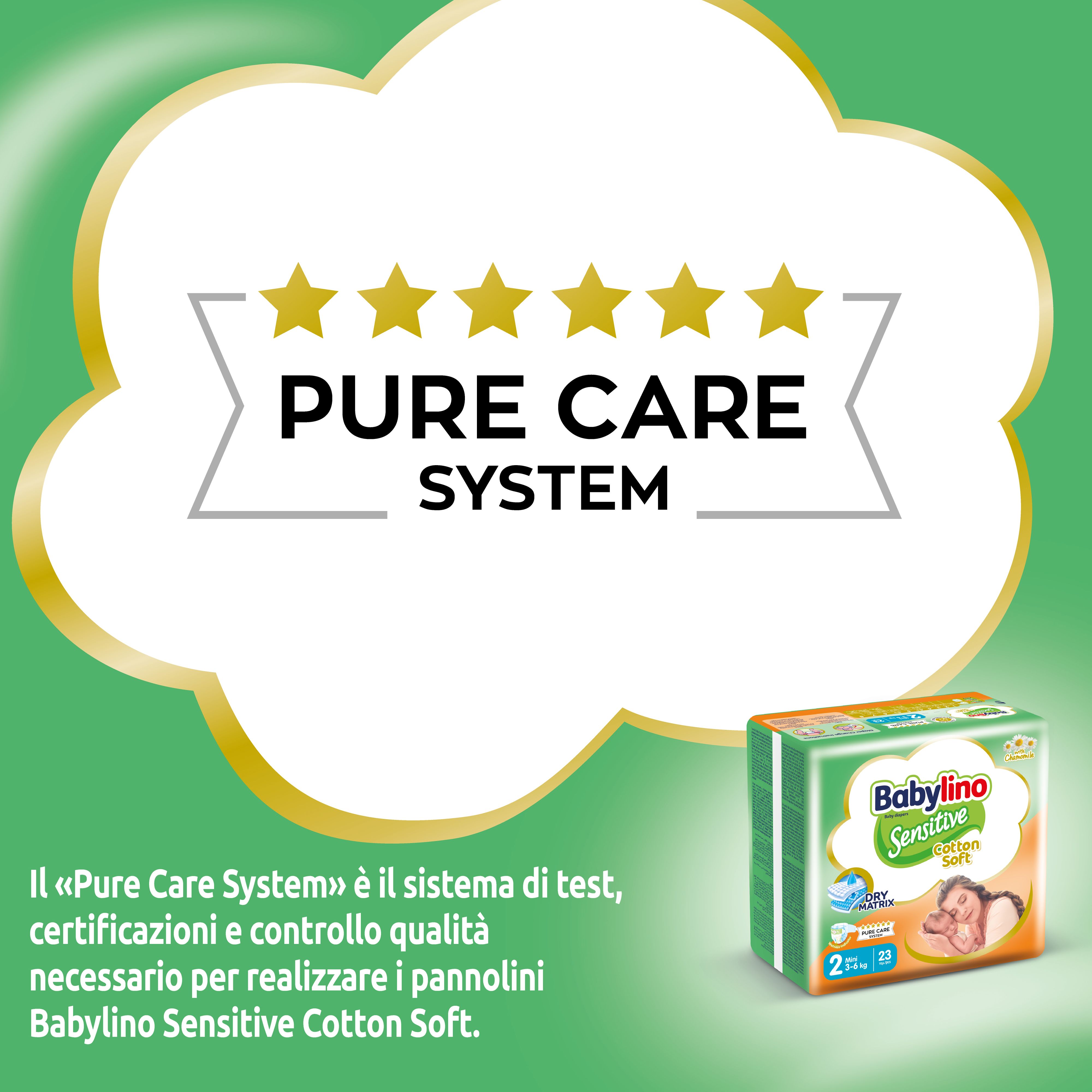 Logo Pure Care System con 5 stelle. Piccolo pacco Babylino Sensitive.