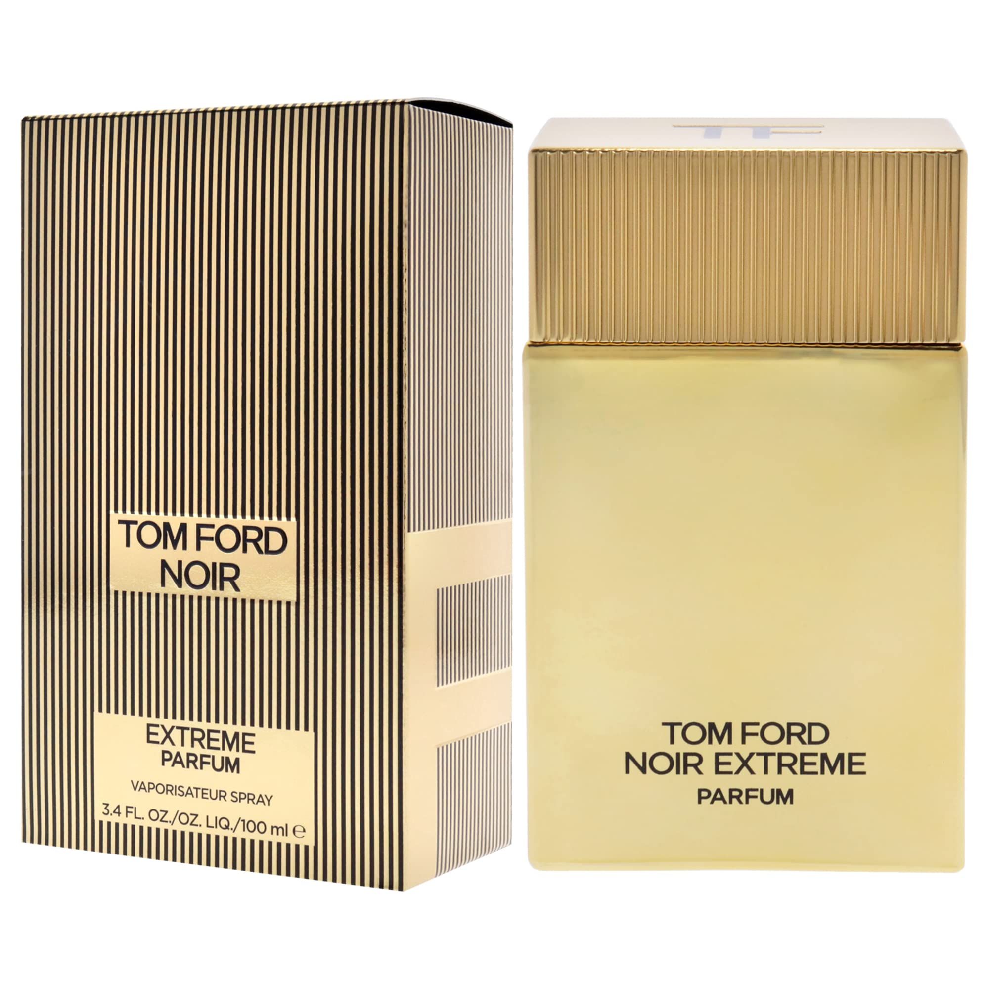 Flacone e confezione dorati. Scritta: TOM FORD NOIR EXTREME PARFUM. Confezione a righe verticali e logo.