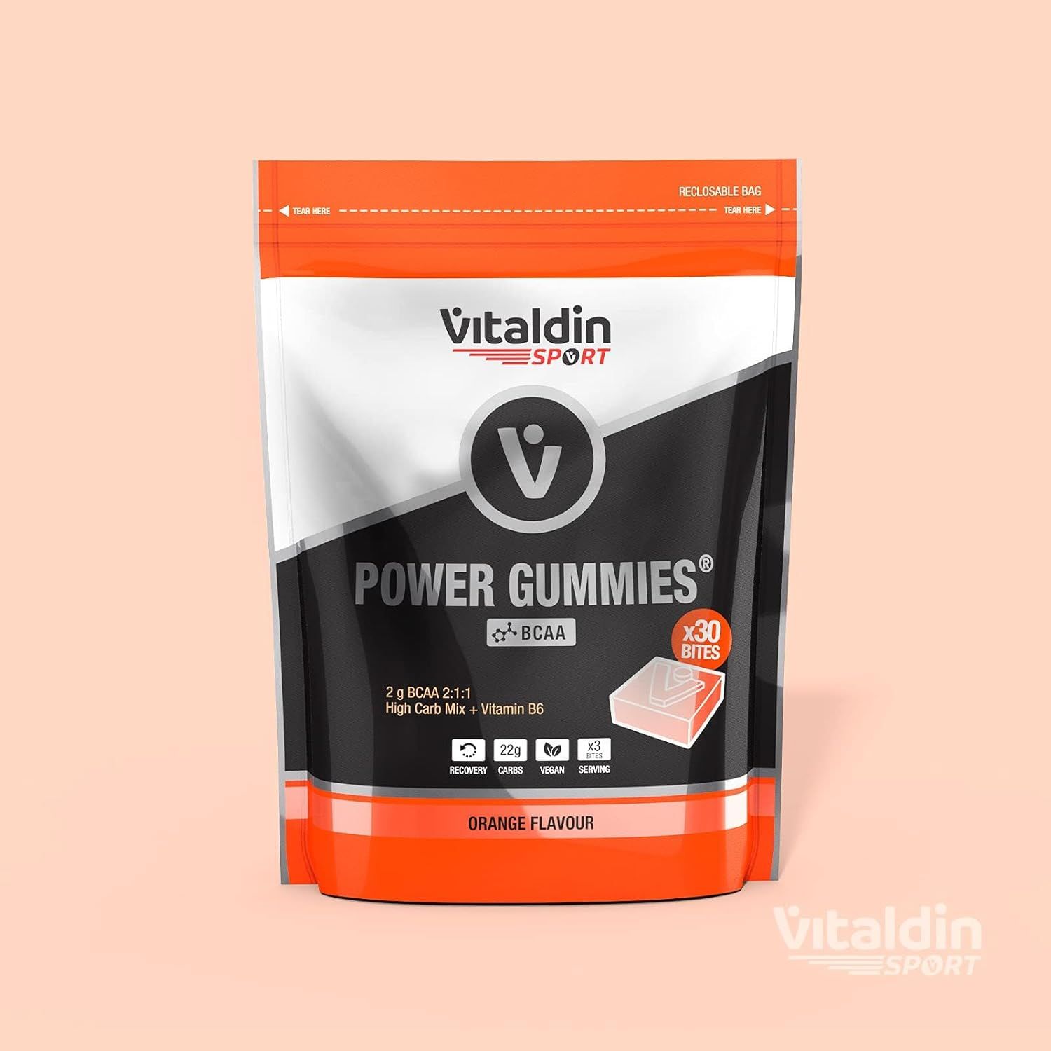 Busta di VITALDIN SPORT Power Gummies BCAA. Arancione, con logo e testo. Contiene 30 morsi.
