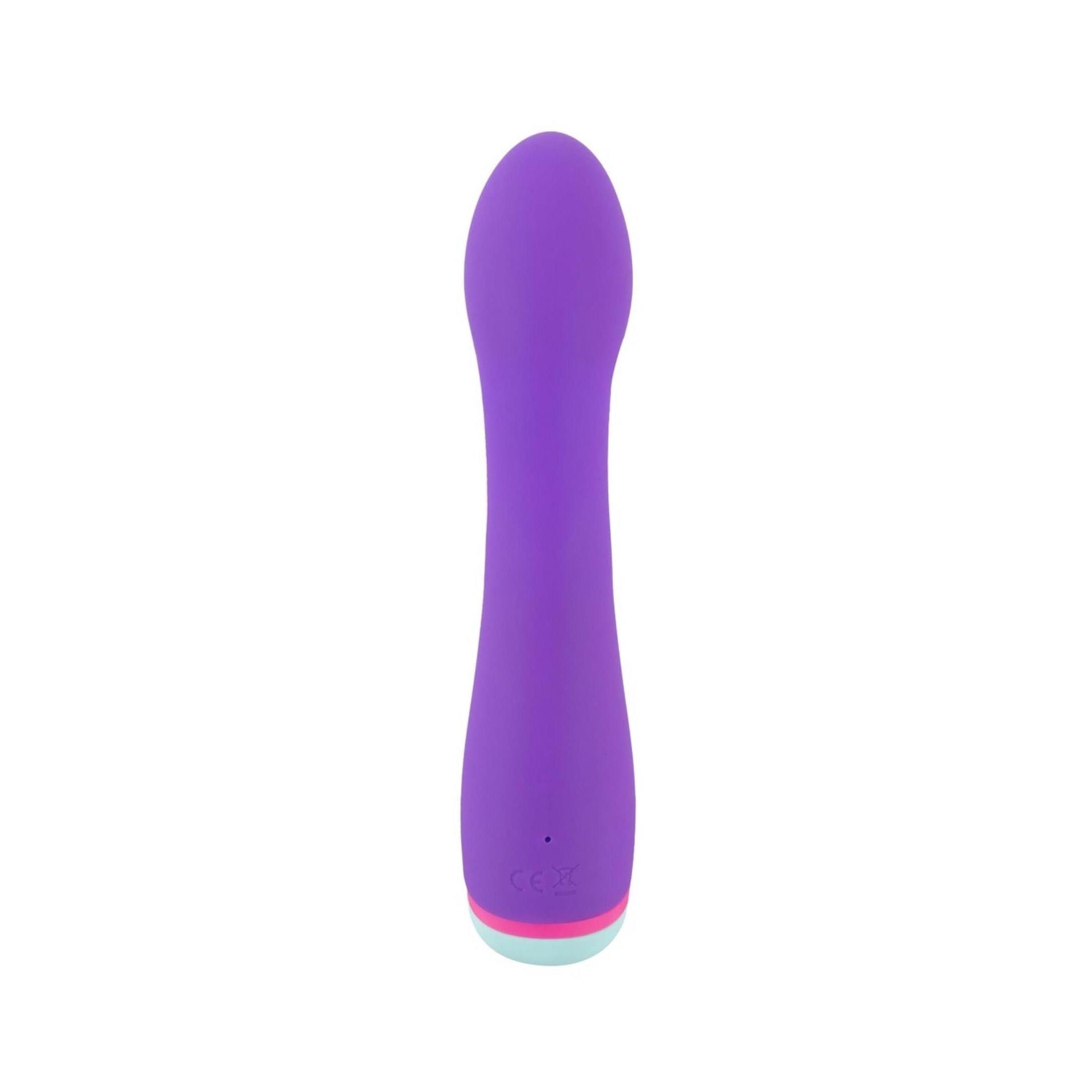 Vibratore viola dritto. Due pulsanti, accenti rosa e azzurro chiaro all'estremità.