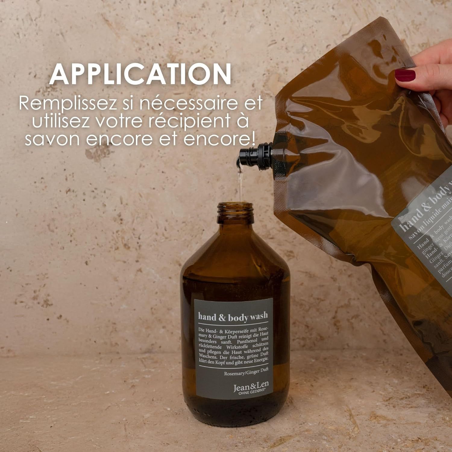 Il prodotto viene versato in una bottiglia marrone. Scritta: Jean & Len, Hand & Body Wash, rosmarino e zenzero.