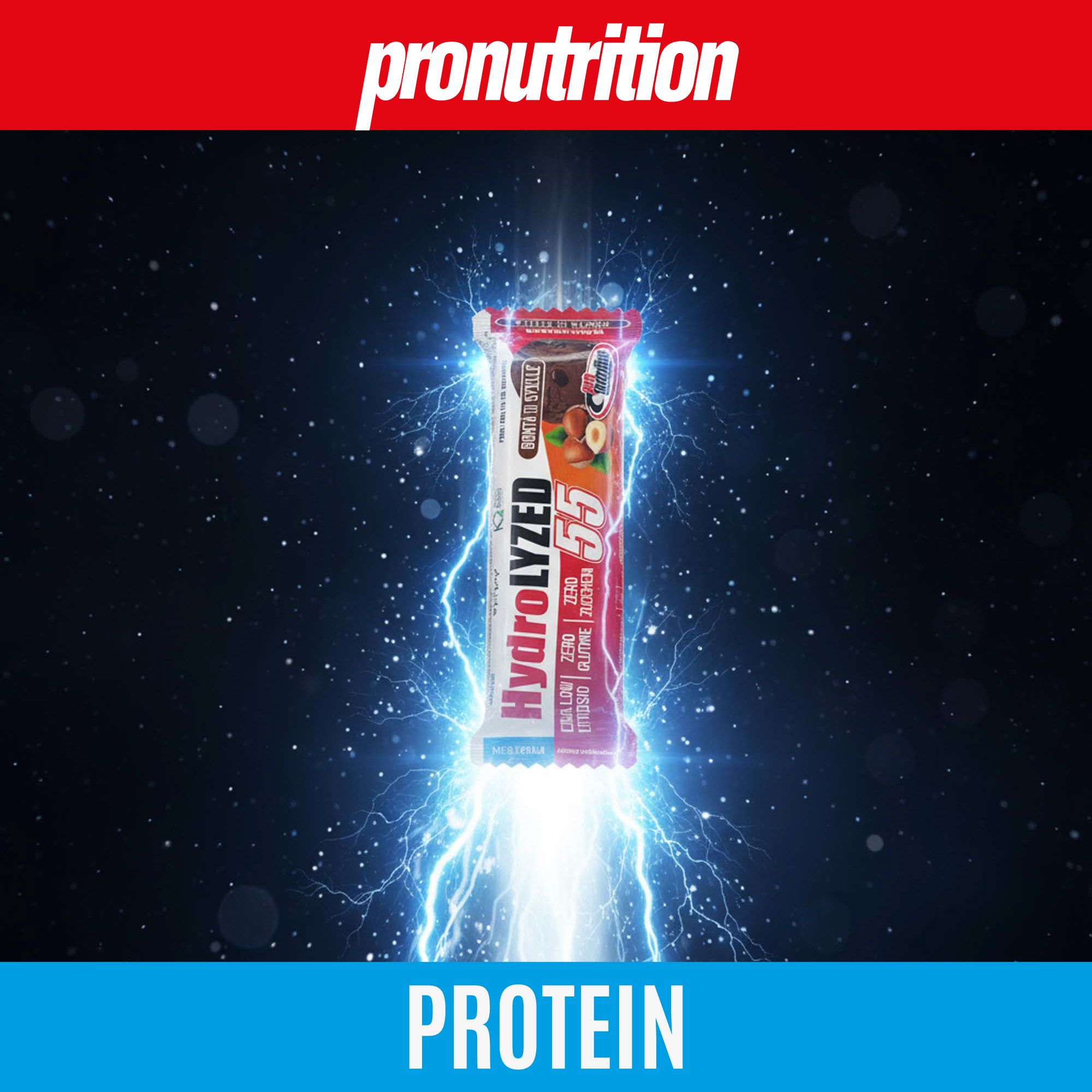 Barretta proteica con scritta Hydrolyzed 55. Barretta su sfondo blu con fulmini e la parola Proteine.