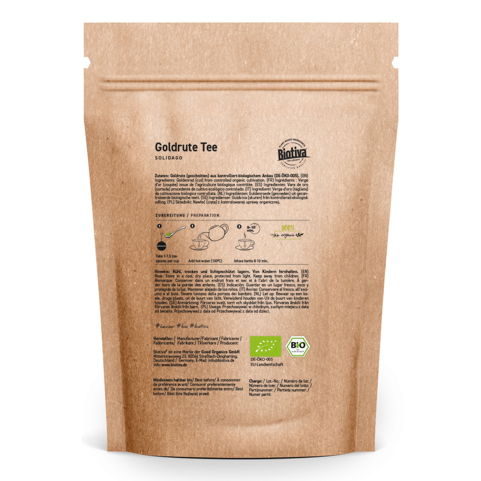 Sacchetto di carta marrone con stampa. Testo: Goldrute Tee, Biotiva, marchio bio, istruzioni.