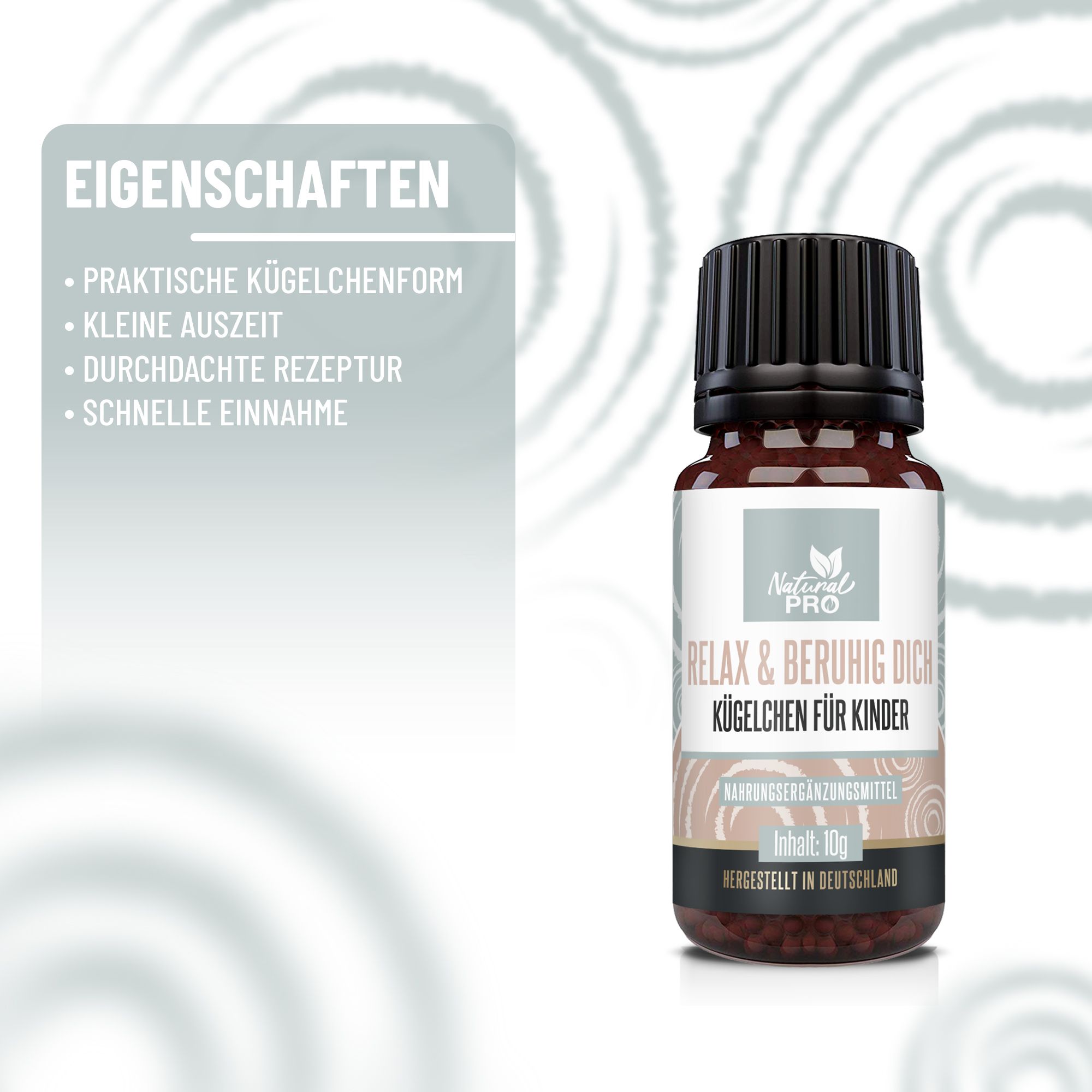 Flacone Natural Pro. Testo: Relax & Beruhig Dich Kügelchen für Kinder. Caratteristiche: Forma pratica in granuli, piccola pausa, ricetta ponderata, assunzione rapida.