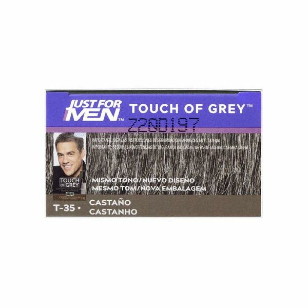 Confezione "TOUCH OF GREY" di JUST FOR MEN. Mostra un uomo con capelli grigi. Testo: T-35, Castanho.