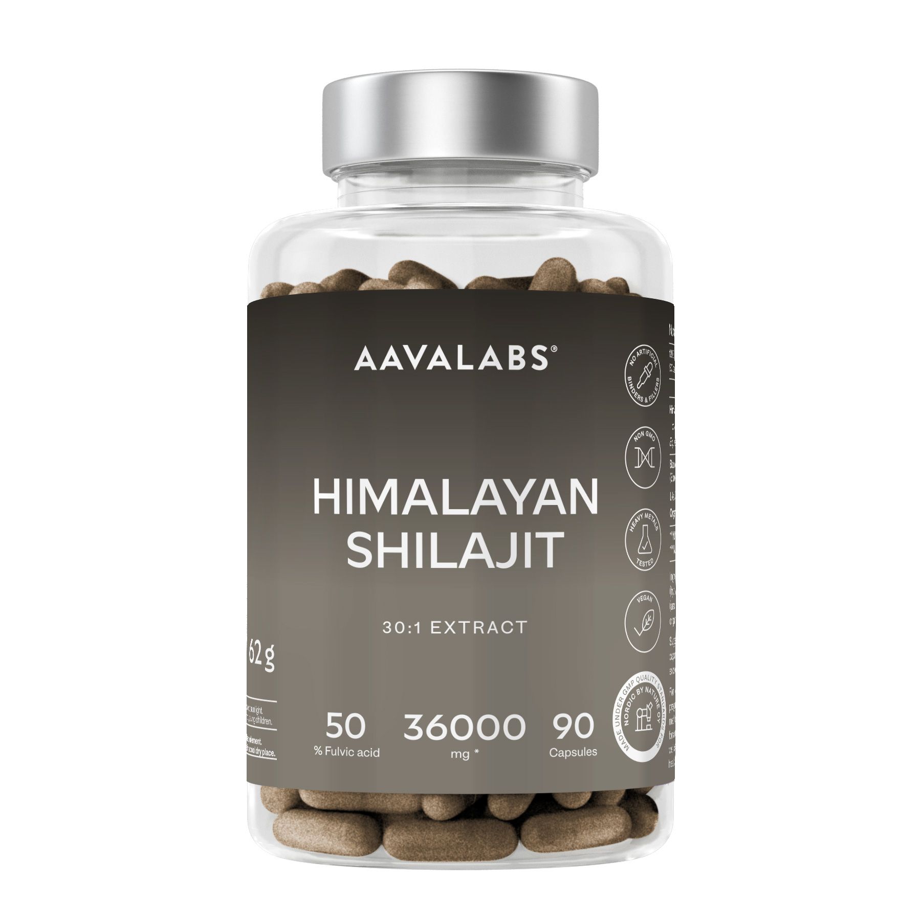 Bottiglia trasparente con capsule marroni. Etichetta: Himalaya Shilajit, estratto 30:1, AAVALABS.