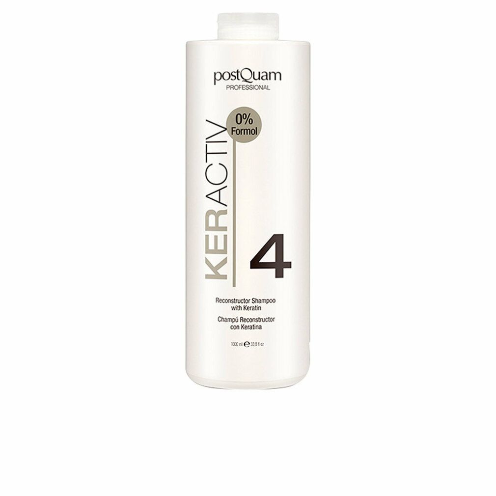 Flacone di shampoo bianco con scritte KERACTIV, 4 e 0% Formol. Testo: Reconstructor Shampoo with Keratin.