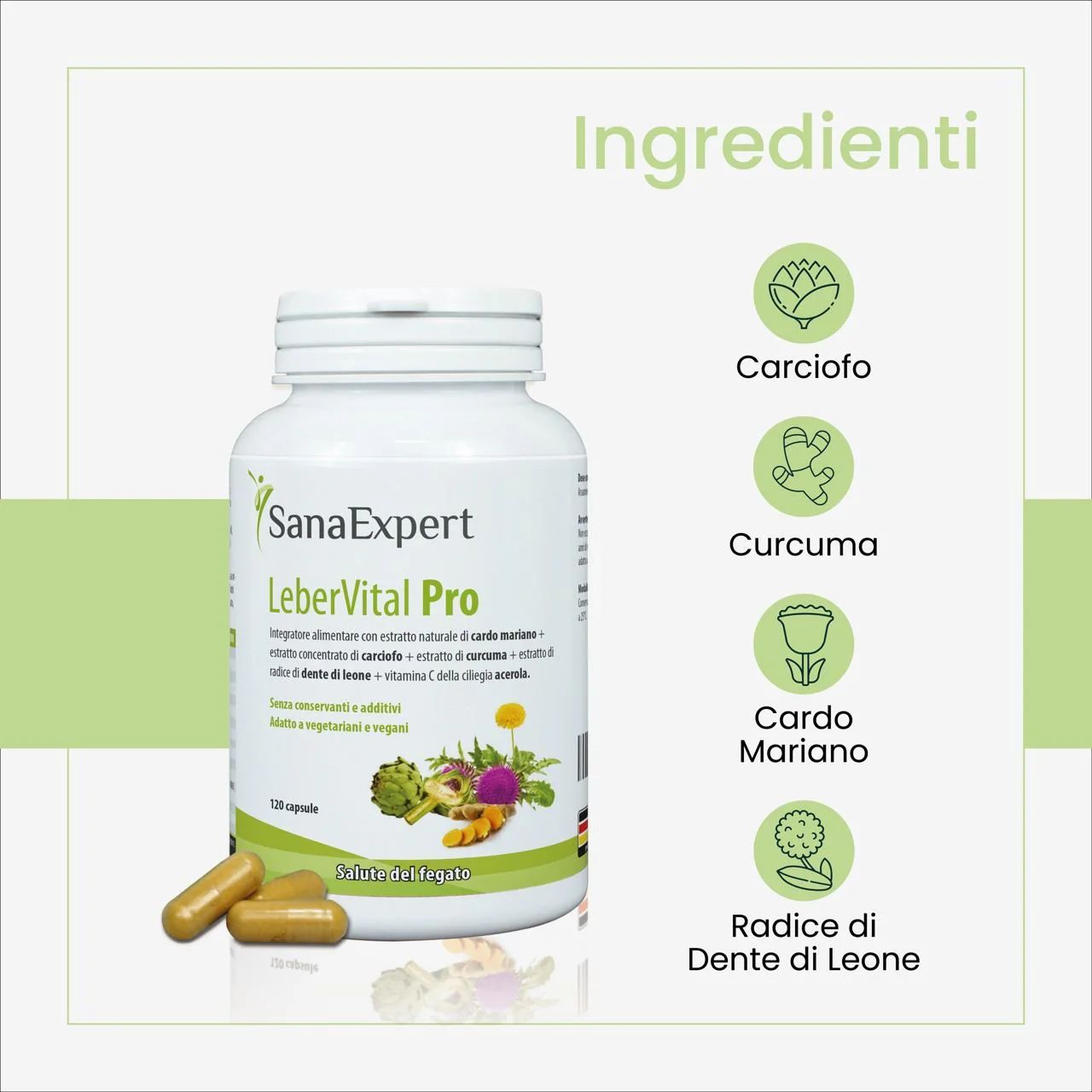Bottiglia bianca SanaExpert LeberVital Pro con illustrazioni degli ingredienti. Capsule accanto.
