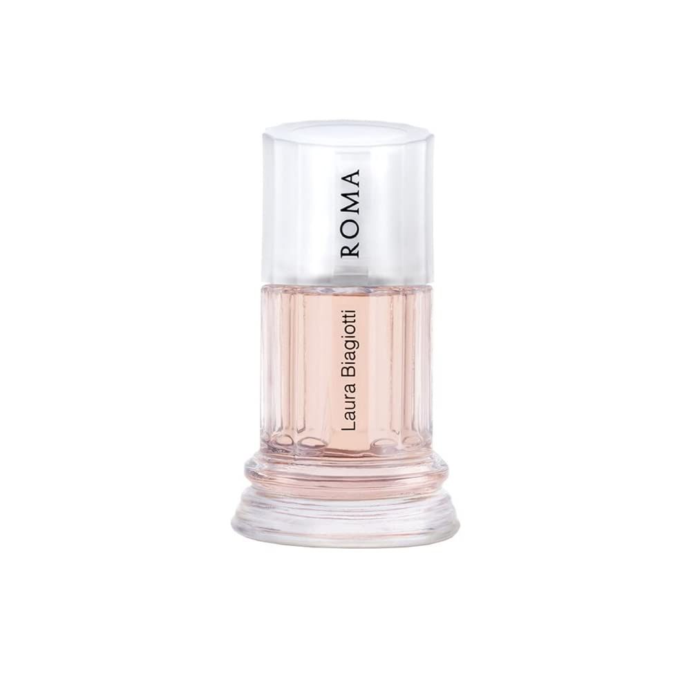 Flacone di profumo con tappo trasparente. Liquido rosa in un design a colonna. Scritta "ROMA" e "Laura Biagiotti".