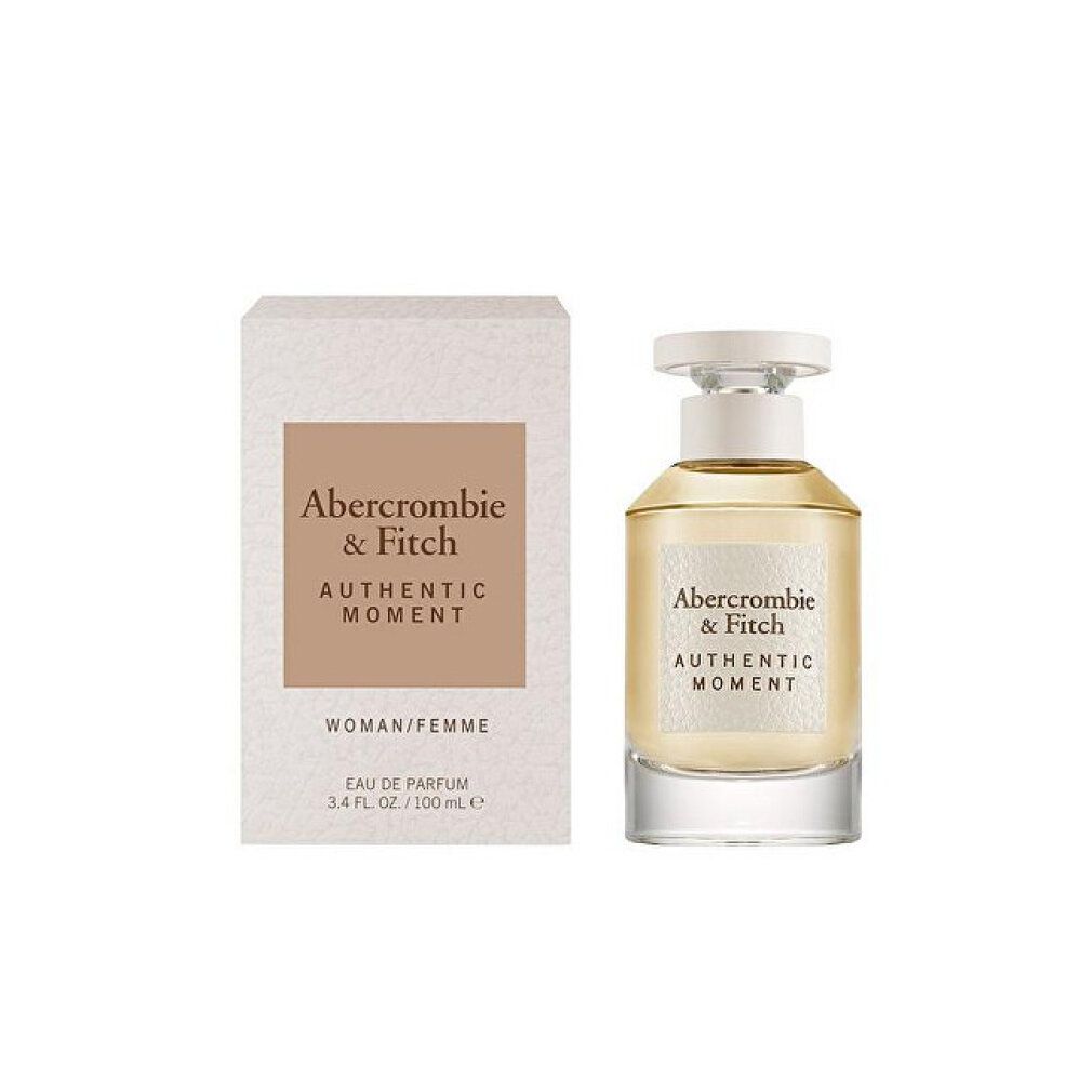 Flacone di profumo e confezione. Scritta: Abercrombie & Fitch, Authentic Moment. Woman/Femme. Eau de Parfum.