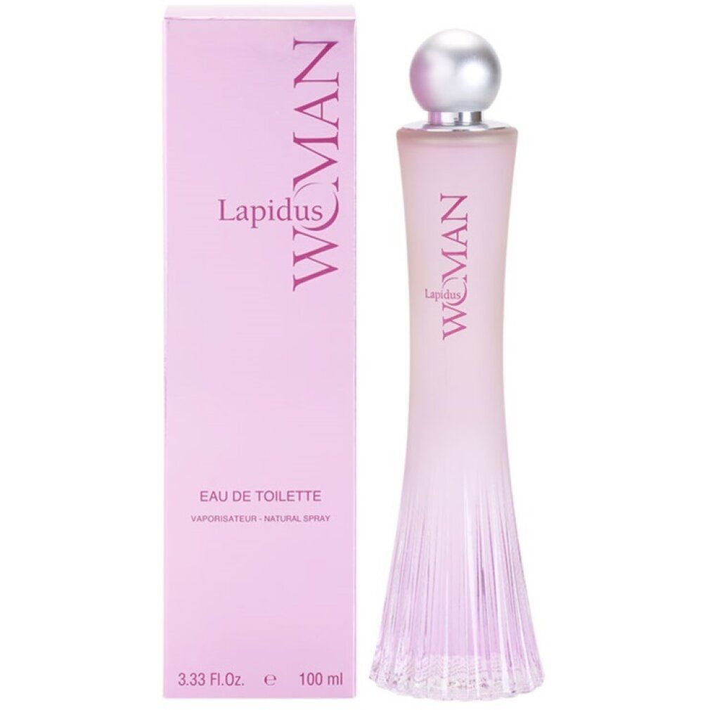 Flacone rosa con tappo argentato e confezione. Scritta: Lapidus Woman Eau de Toilette. Confezione con testo.
