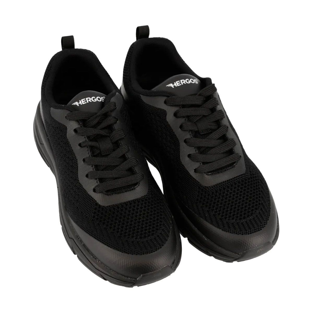 Sneakers neri con lacci. Tomaia in mesh, suola spessa. Marchio HERGOS visibile.