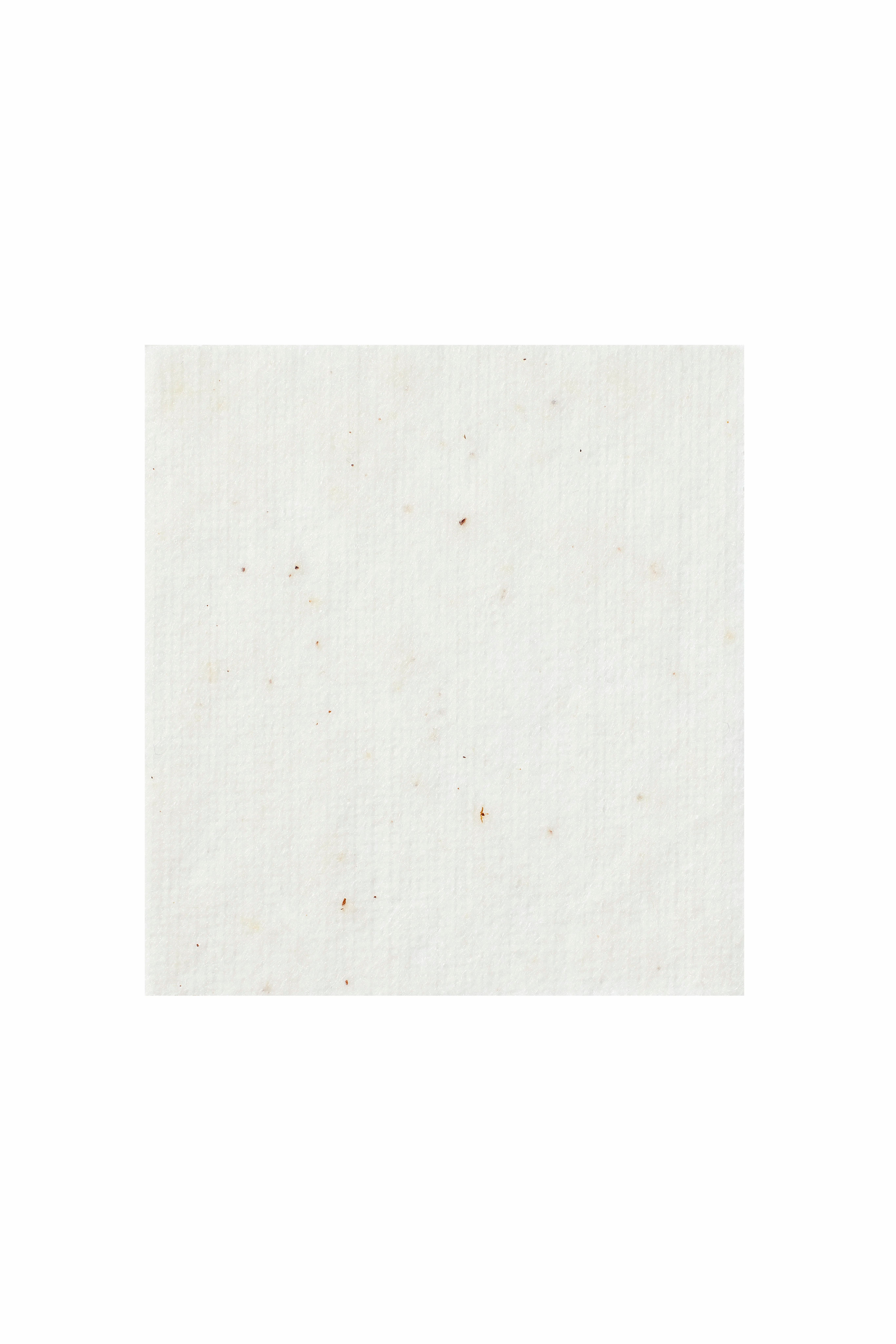 Pad toner quadrato bianco. Texture visibile e piccoli punti marroni. Singolo pad, primo piano.