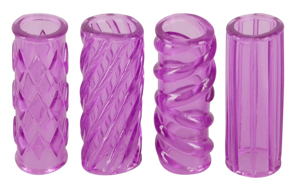 Quattro manicotti trasparenti viola con diverse trame.