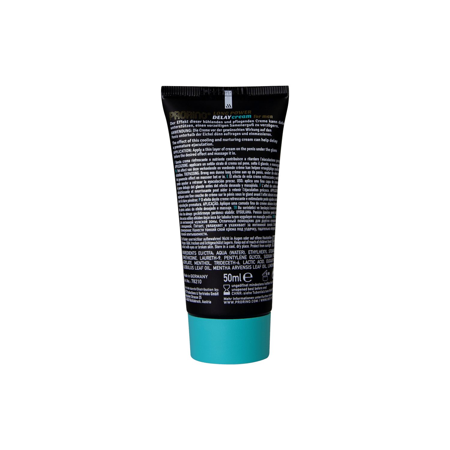 Retro del tubo del prodotto. Testo in più lingue. Base turchese. Scritta: 50ml.