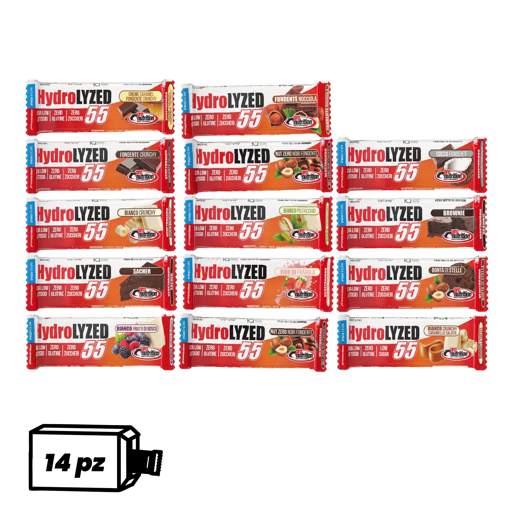14 barrette proteiche gusti misti. Confezioni rosse e bianche. Scritte: HYDROLYZED, 55. Scatola con scritta 14 pz.