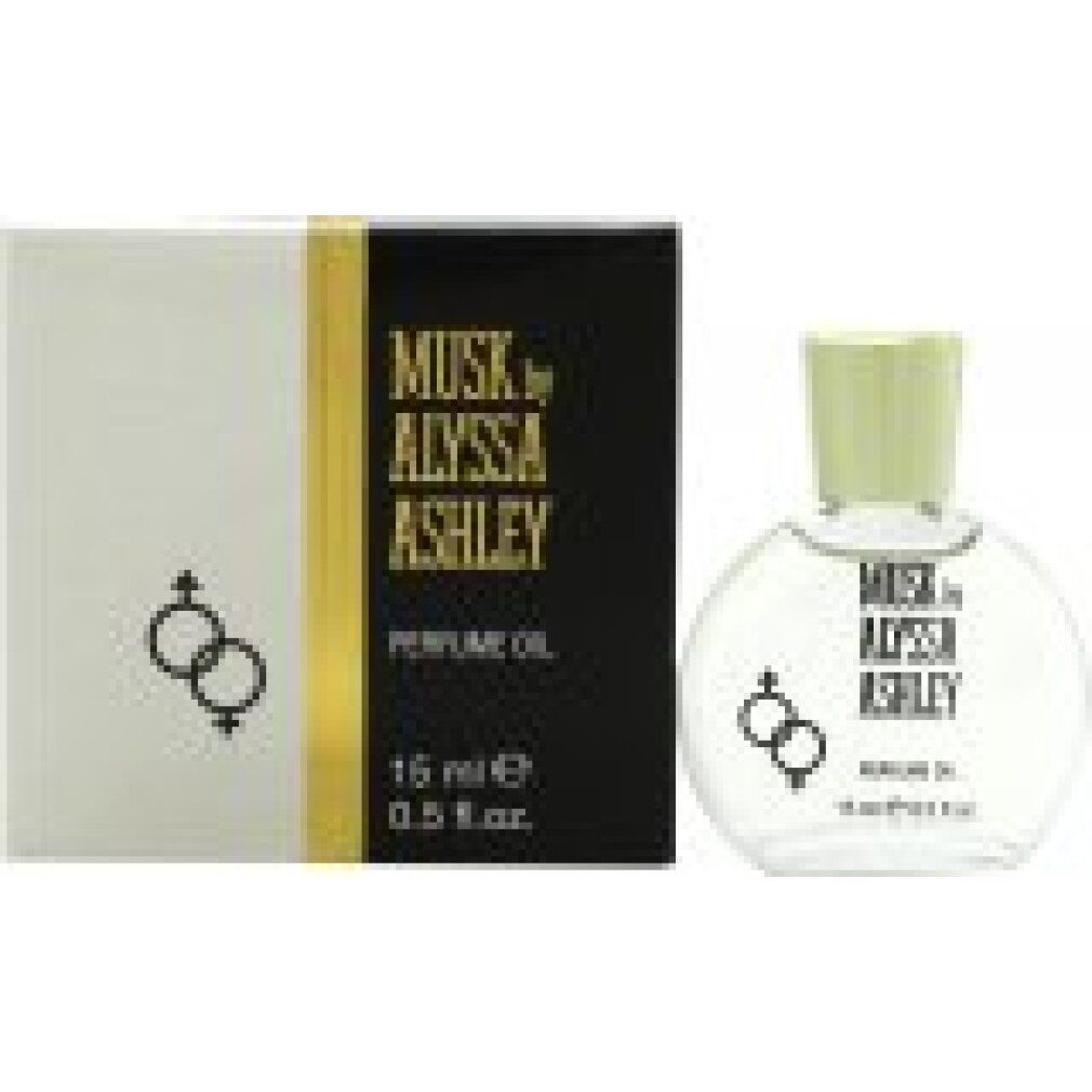 Prodotto con confezione. Flacone e scatola. Scritta: Musk by Alyssa Ashley, Parfum Oil. 15 ml, 0,5 fl.oz. Simboli uomo e donna.