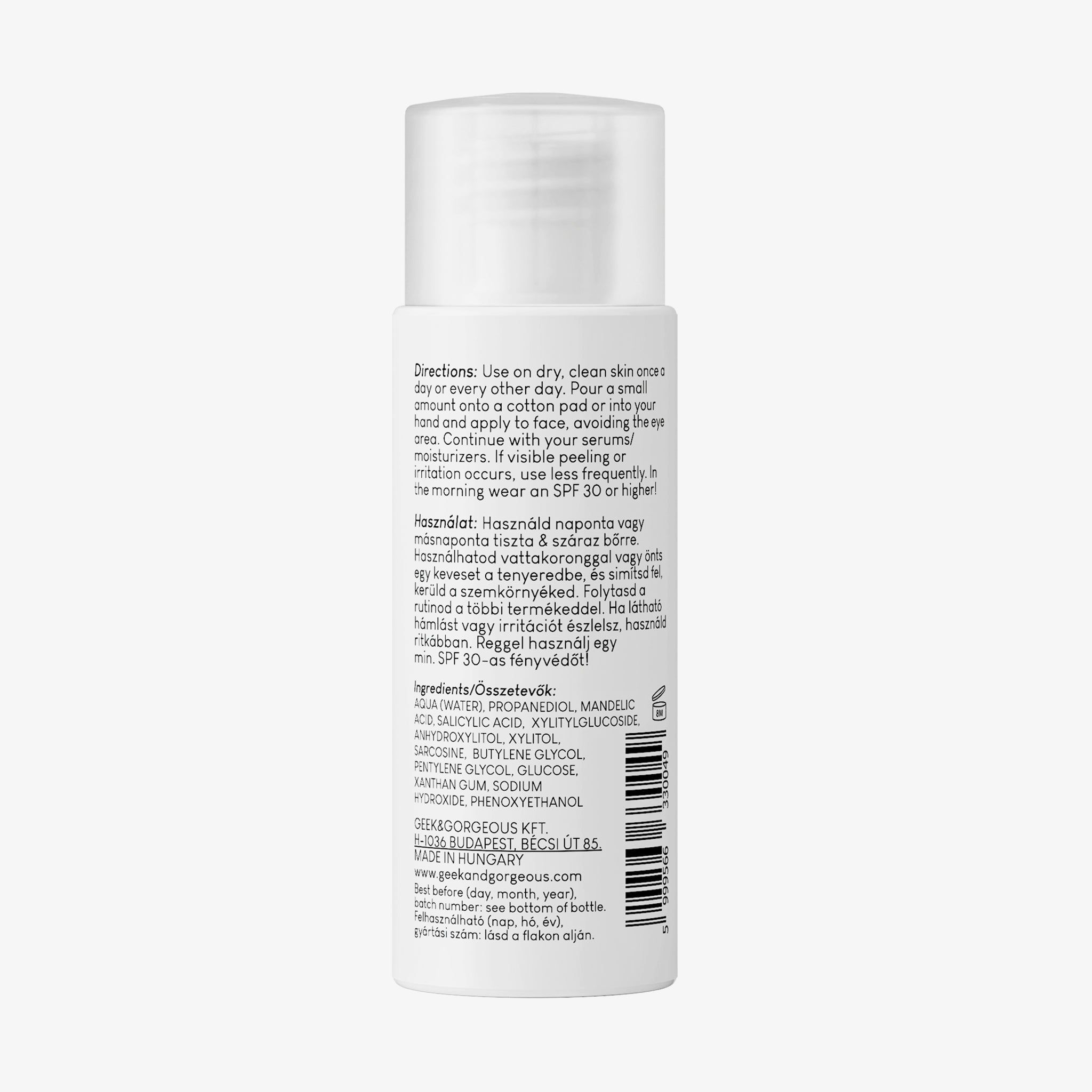 Retro di un flacone bianco. Testo: Istruzioni per l'uso, ingredienti, indirizzo Geek & Gorgeous, codice a barre.