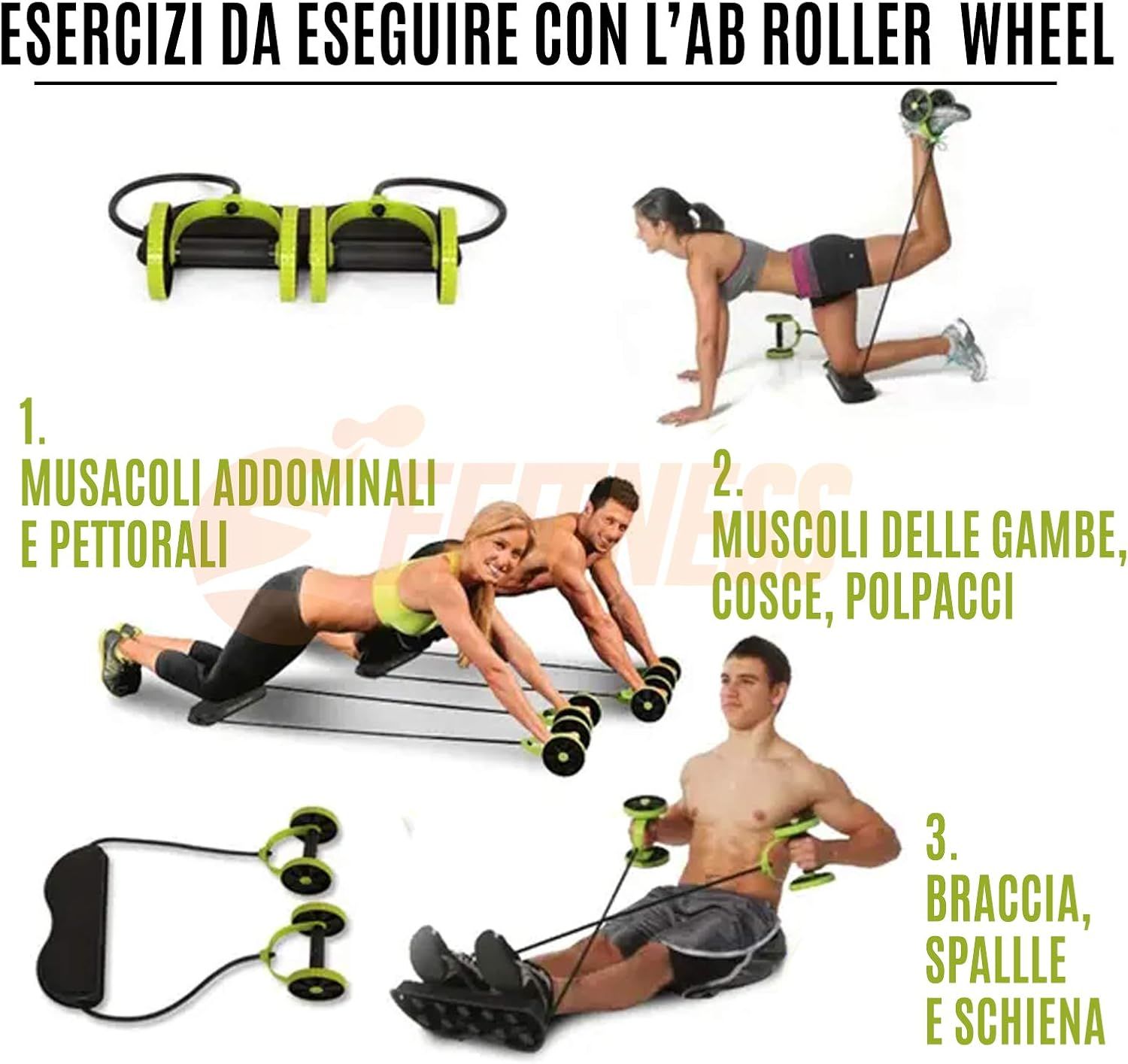 Esercizi con il rullo addominale. Mostra diversi esercizi con il prodotto, con testo in italiano.