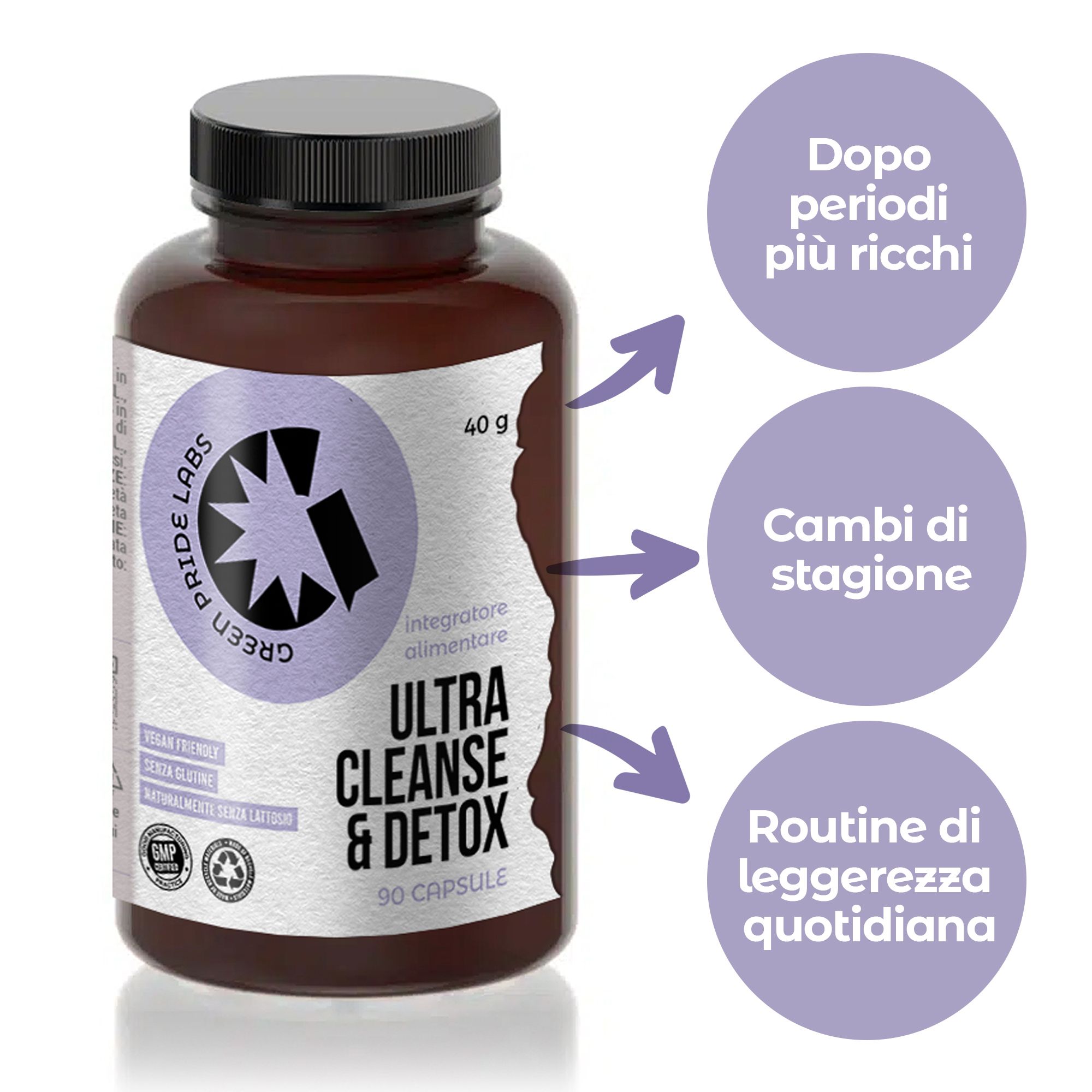Flacone marrone con etichetta 'Ultra Cleanse & Detox', 90 capsule, 40g.