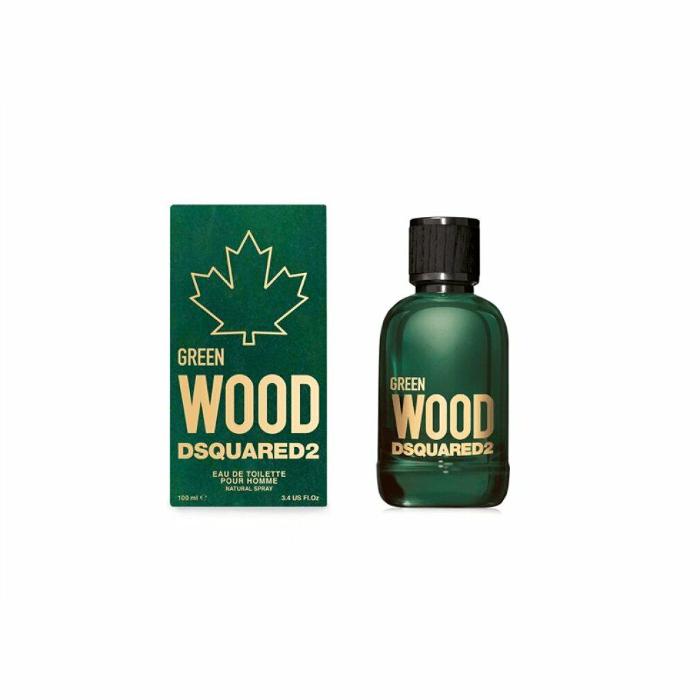 Flacone e scatola di profumo verdi. Sulla scatola: foglia d'acero, GREEN WOOD DSQUARED2. Flacone con tappo in legno.