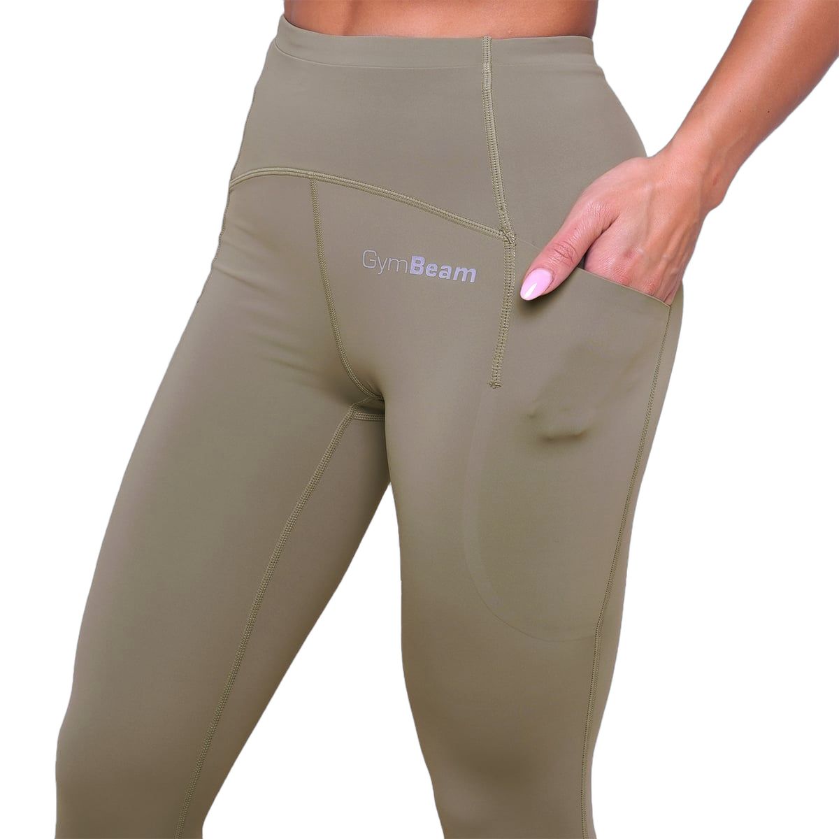 GymBeam Leggings donna Pulse Running con coulisse, tasche e dettagli riflettenti Vetiver