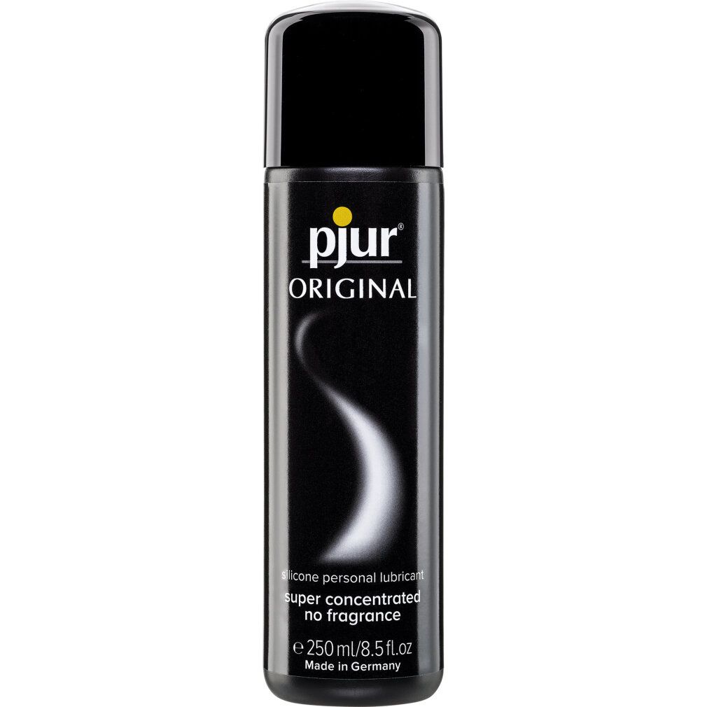 Flacone nero con logo giallo "pjur ORIGINAL". Testo: "SILICONE-BASED PERSONAL LUBRICANT". "super concentrated no fragrance".