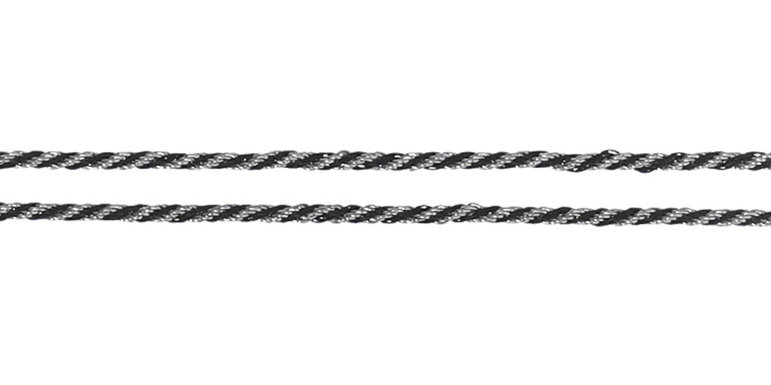 Primo piano di due cordini per occhiali paralleli. Motivo intrecciato argento e nero.