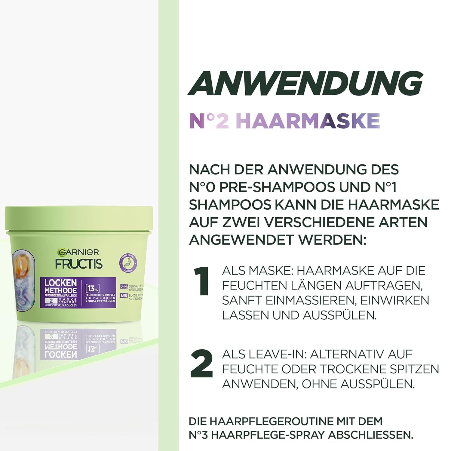 Barattolo verde e testo: Applicazione, N°2 Maschera per capelli. Testo: Garnier Fructis Locken Methode.