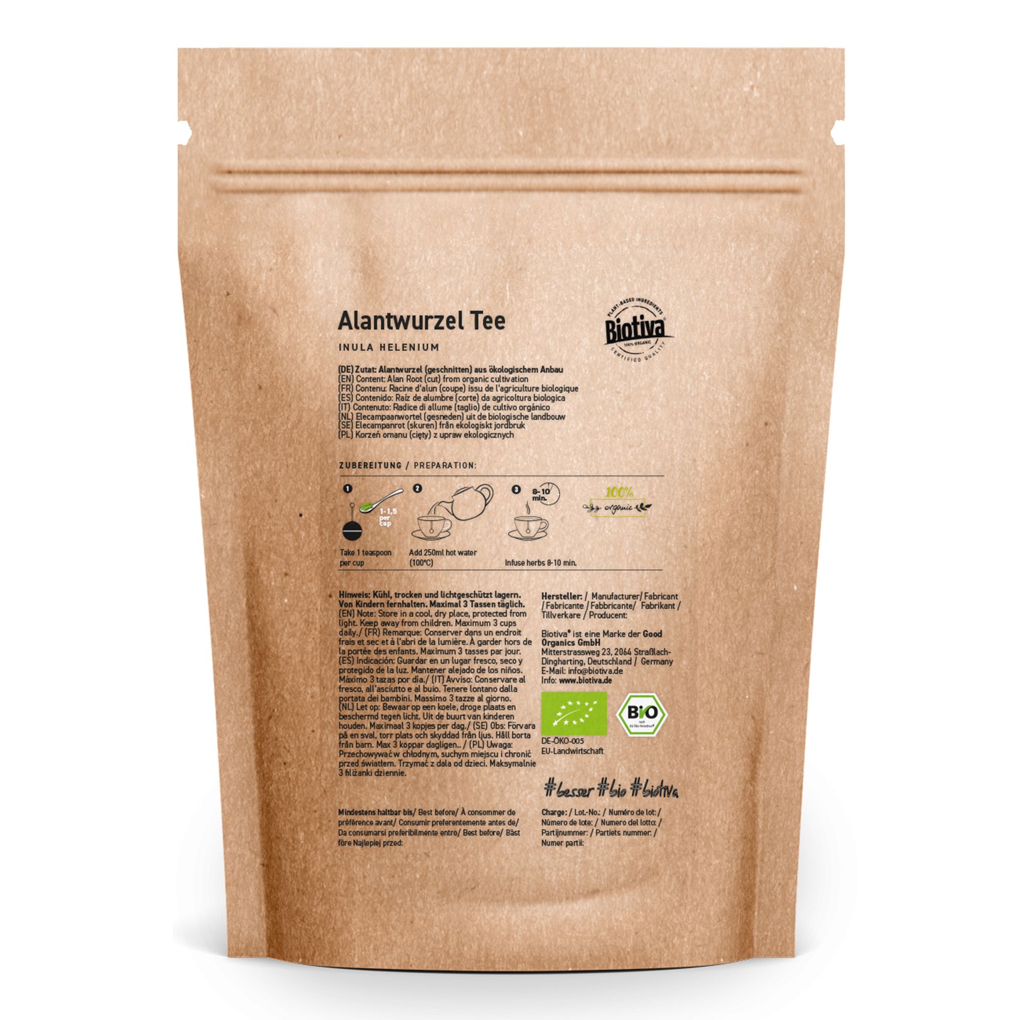 Retro della busta di carta con logo Biotiva e Alantwurzel Tee Bio. Istruzioni per la preparazione e sigillo biologico.
