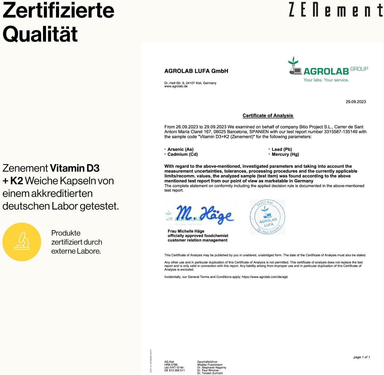Certificato di AGROLAB LUFA GmbH. Testo: Zenement Vitamina D3 + K2 capsule molli testate da un laboratorio tedesco accreditato.