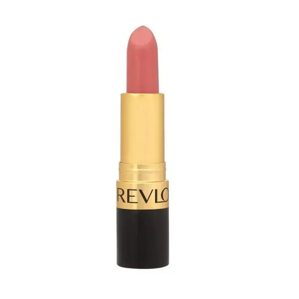 Rossetto rosa. Tubo nero con parte centrale dorata. Scritta REVLON sul tubo. Punta del rossetto visibile.