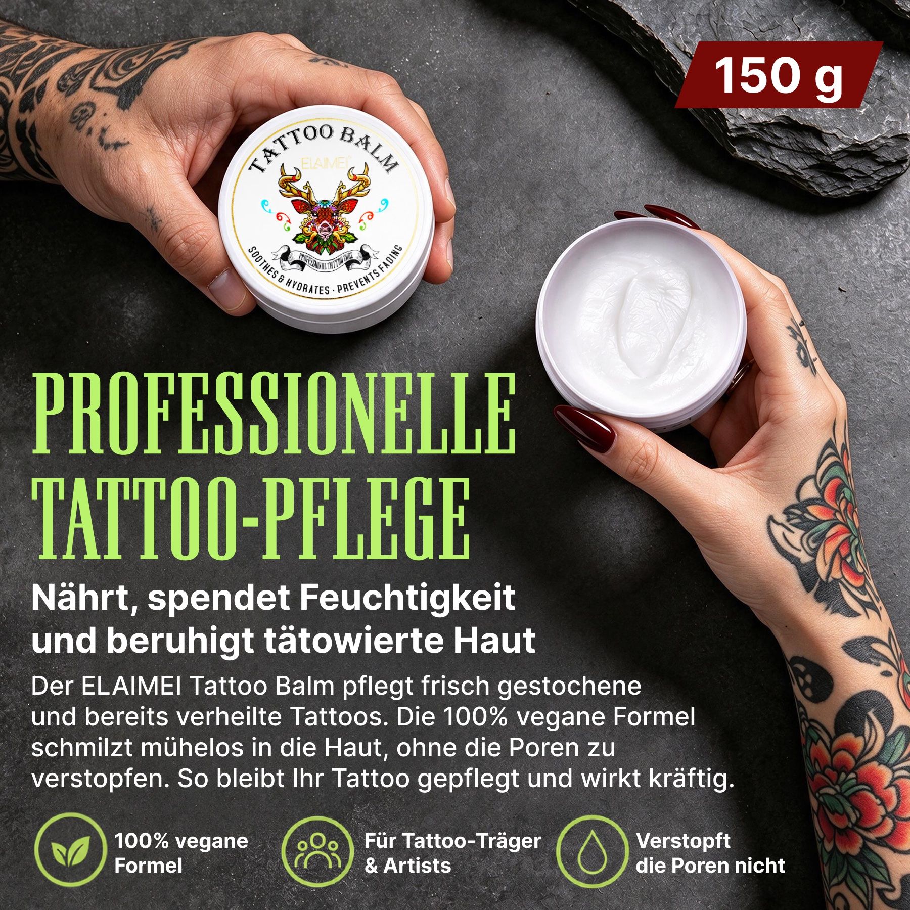 Vasetto da 150g ELAIMEI Tattoo Balm con crema bianca per la cura dei tatuaggi.