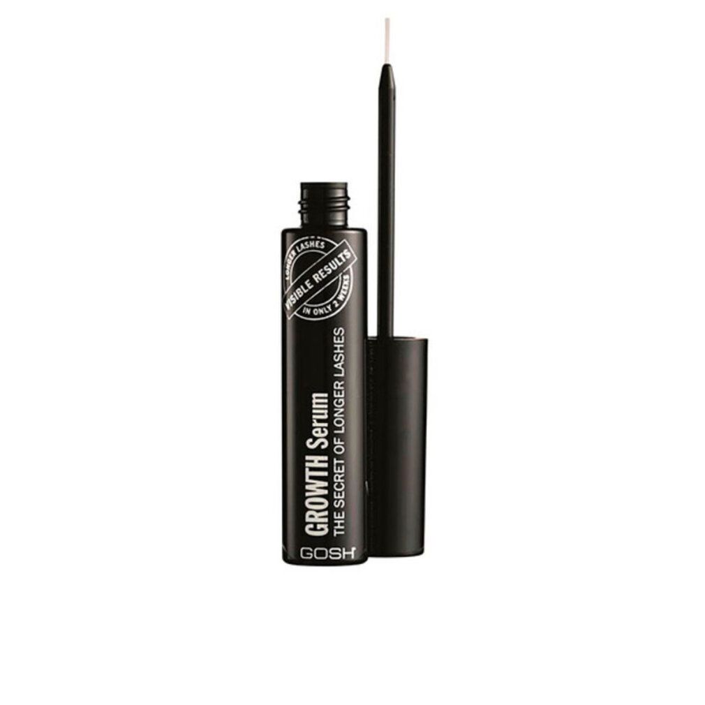 Flacone nero con applicatore. Scritta: Growth Serum, The Secret of Longer Lashes. Marchio: GOSH. Risultati visibili in 2 settimane.