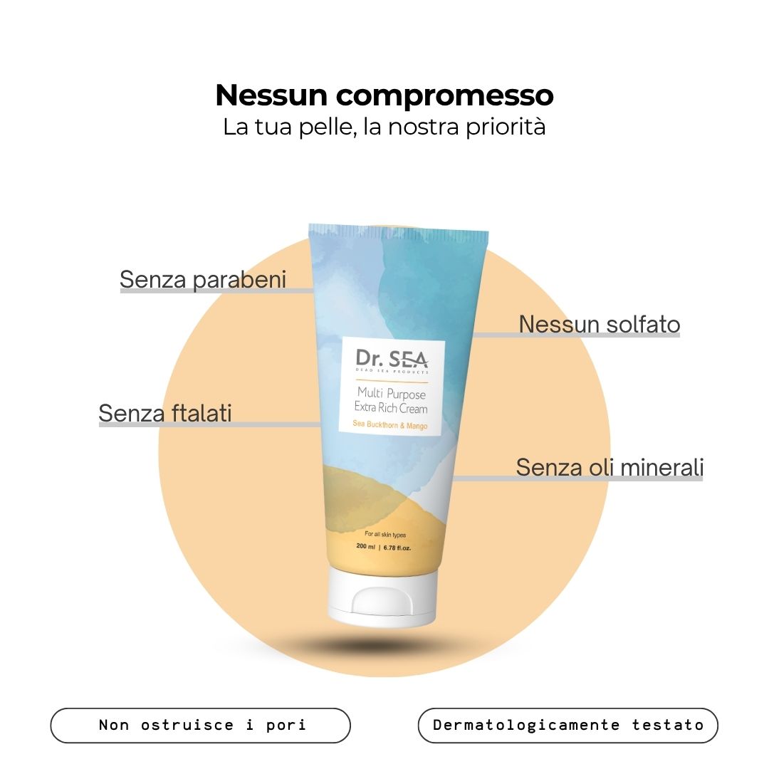 Tubo DR. SEA Multi Purpose Extra Rich Cream, Mango. Testo: Senza parabeni, solfati, ftalati, oli minerali. Dermatologicamente testato.