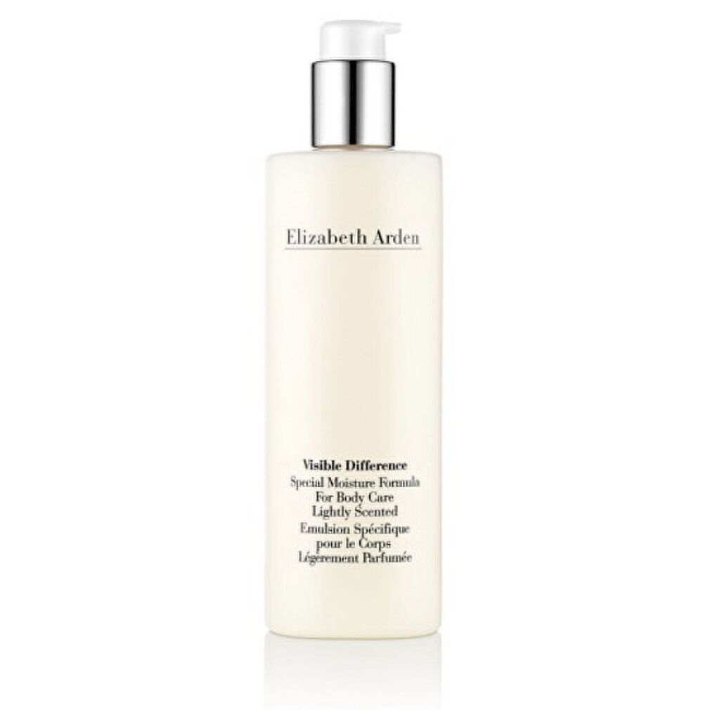 Lozione corpo beige con erogatore argento. Testo: Elizabeth Arden, Visible Difference, Special Moisture Formula.