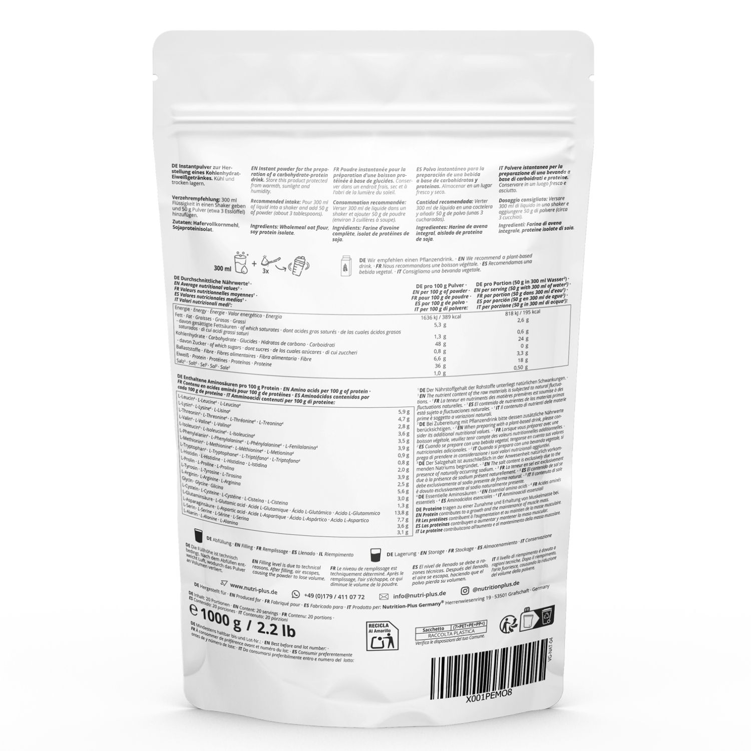 Retro di una busta bianca. Contiene informazioni su ingredienti, valori nutrizionali e produttore. Peso: 1000 g / 2,2 libbre.