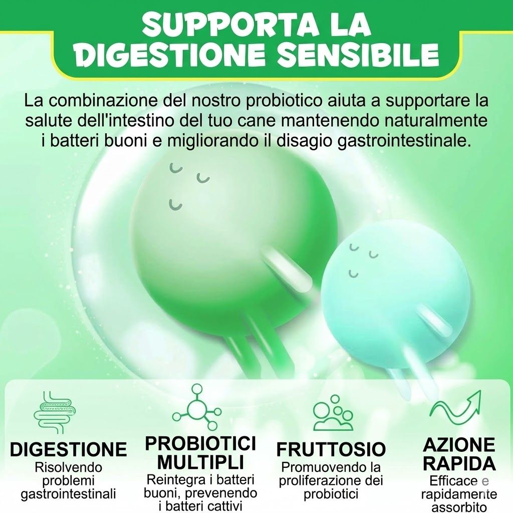 Due cerchi verdi con testo: Supporta la digestione sensibile. Diagrammi: Digestione, probiotici, fruttosio, azione rapida.