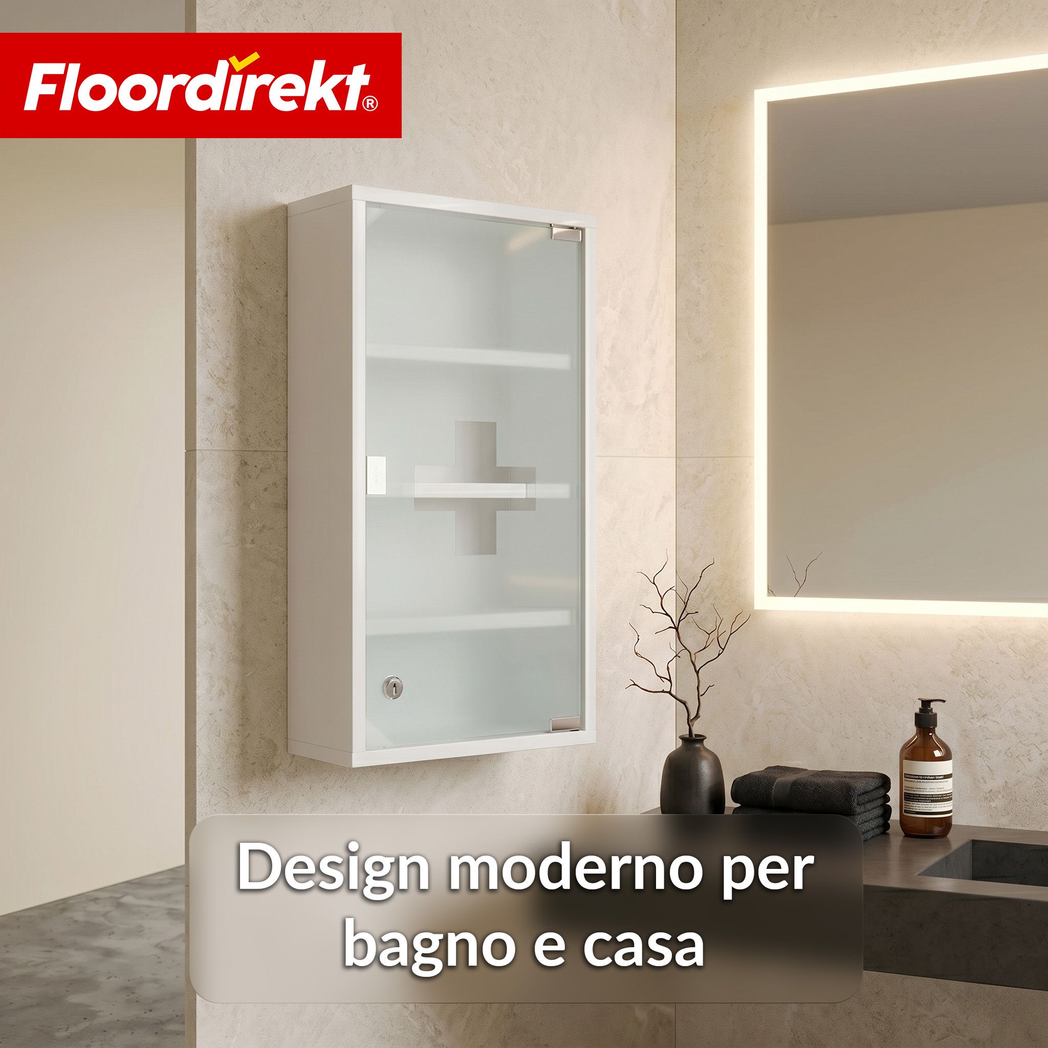 KARAT Armadietto medicinali Allen con anta in vetro bianco 60 x 30 cm 4 scomparti
