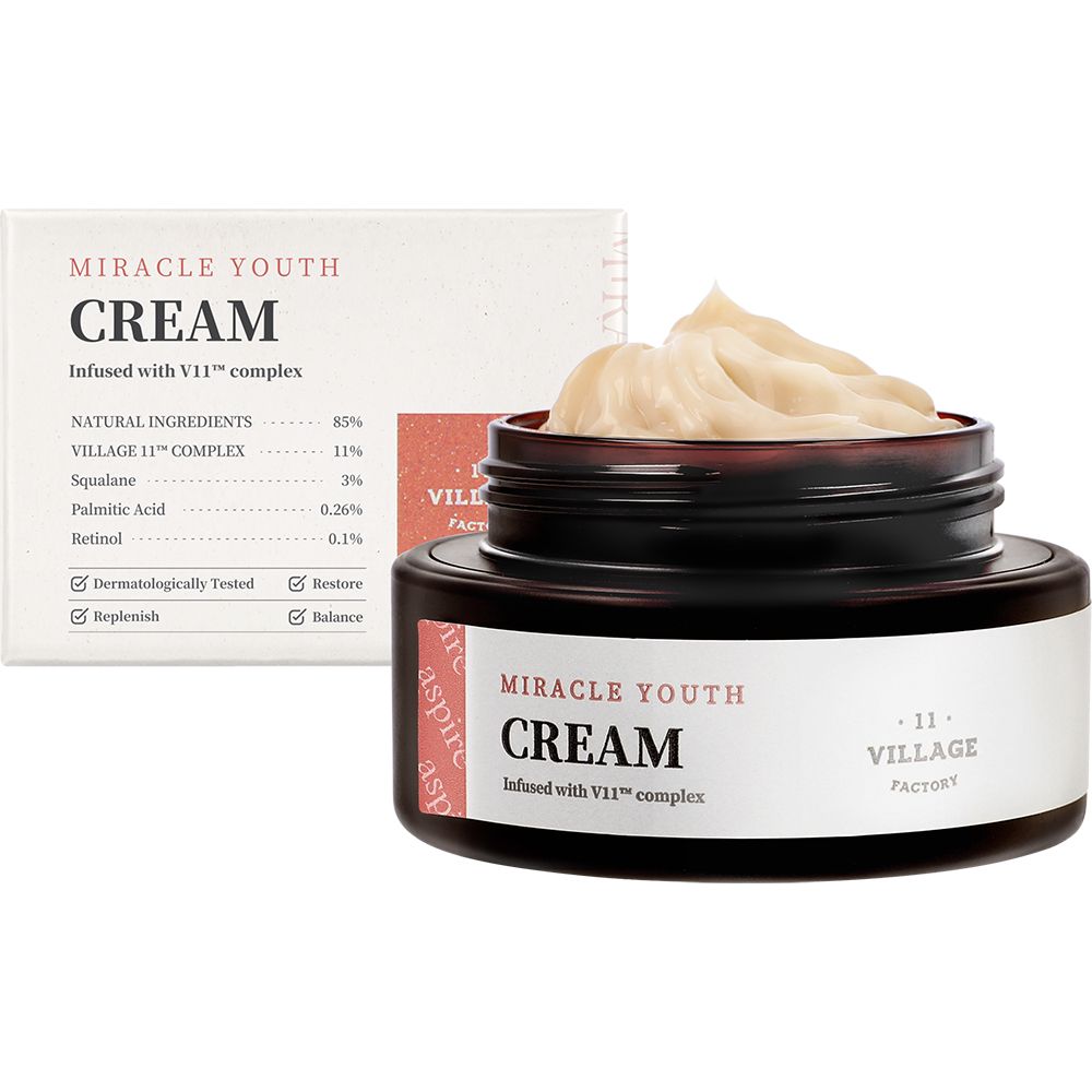 Vasetto con crema e confezione. Scritta: Miracle Youth Cream, Village 11 Factory. Ingredienti sulla confezione.
