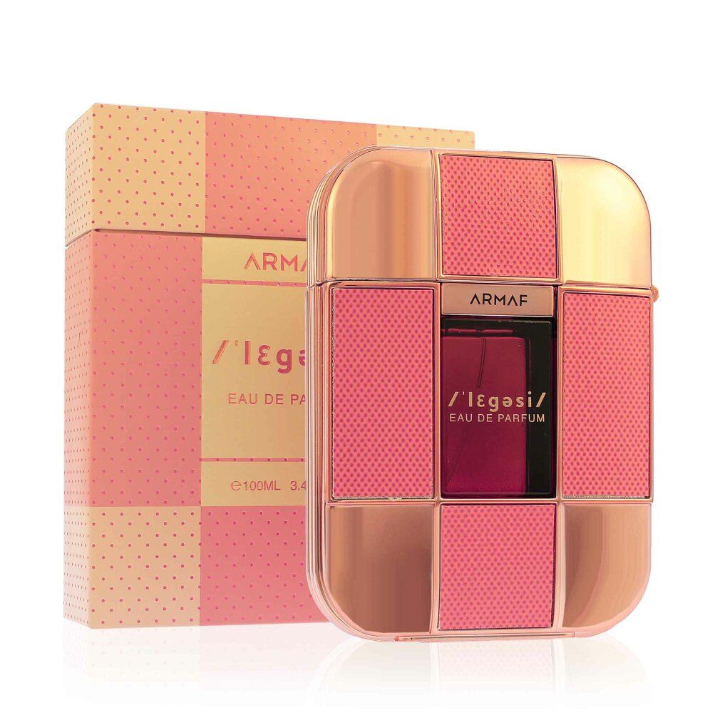 Flacone di profumo e confezione. Elementi rosa e oro. Testo: Armaf, /Legasi/, Eau de Parfum.