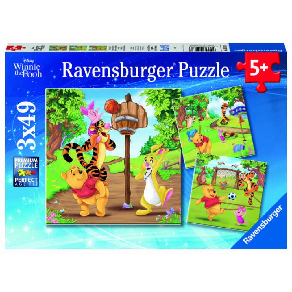 Puzzle Winnie the Pooh, 3x49 pezzi. Confezione Ravensburger, età 5+. Immagini di sport con i personaggi.