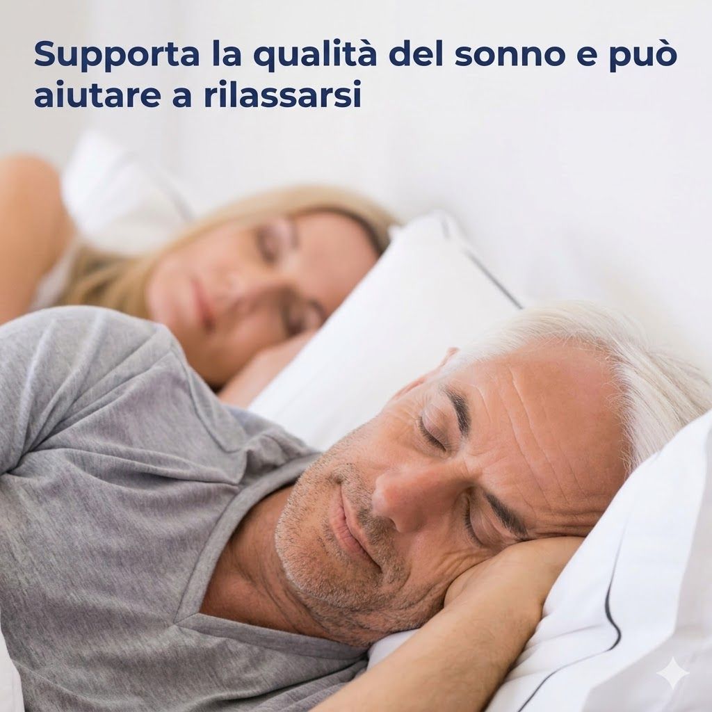 Persona che dorme a letto. Testo: Supporta la qualità del sonno e può aiutare a rilassarsi.