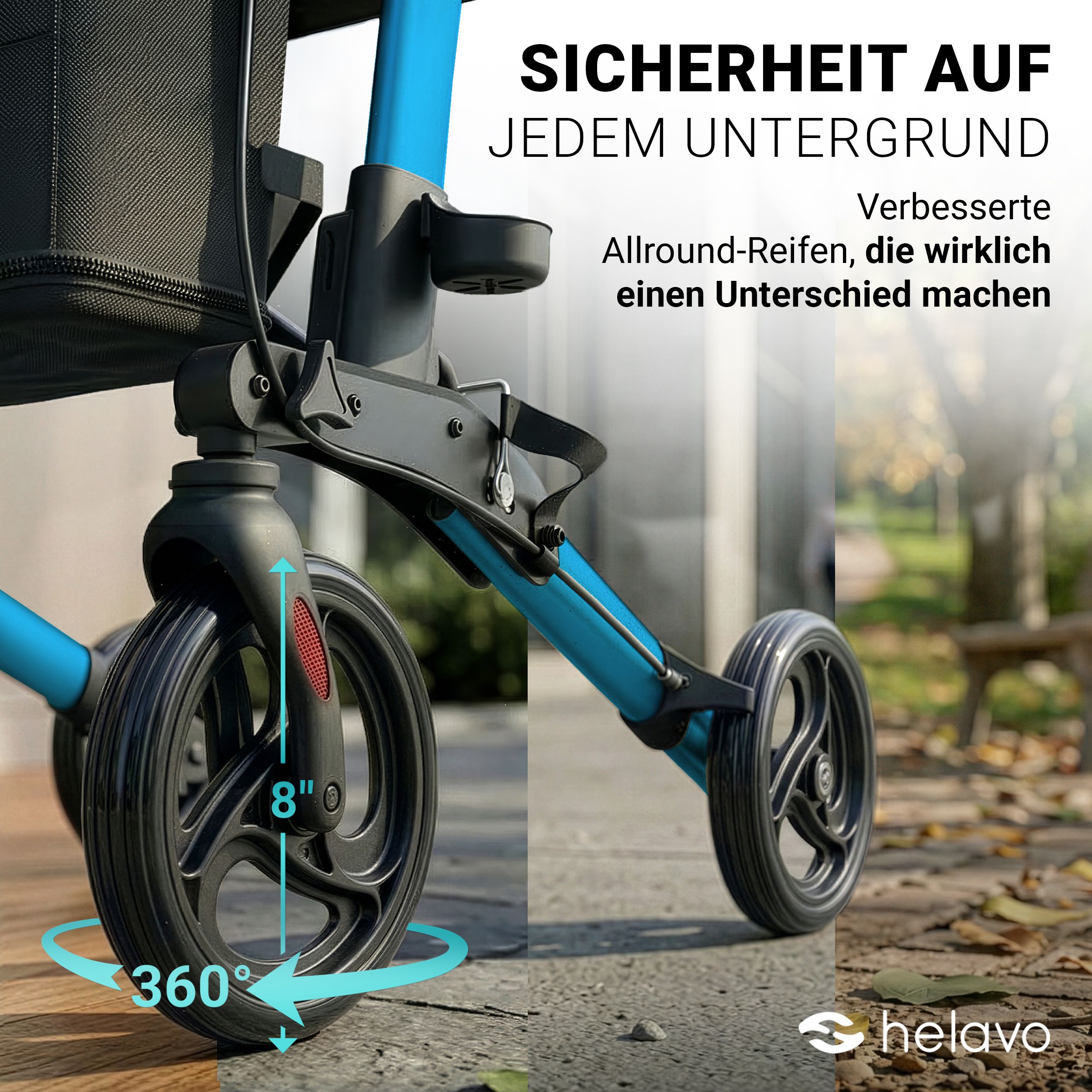 Primo piano della ruota di un rollator blu di 8 pollici di diametro, rotazione a 360°.