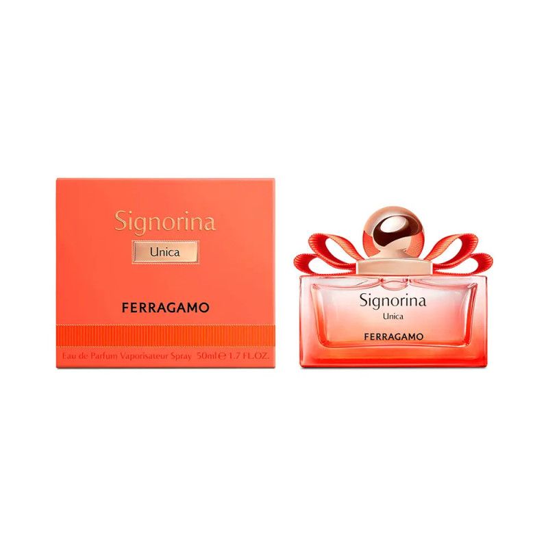 Flacone e confezione FERRAGAMO Signorina Unica Eau de Parfum. Scatola e flacone arancioni con applicazione fiocco. 50 ml.