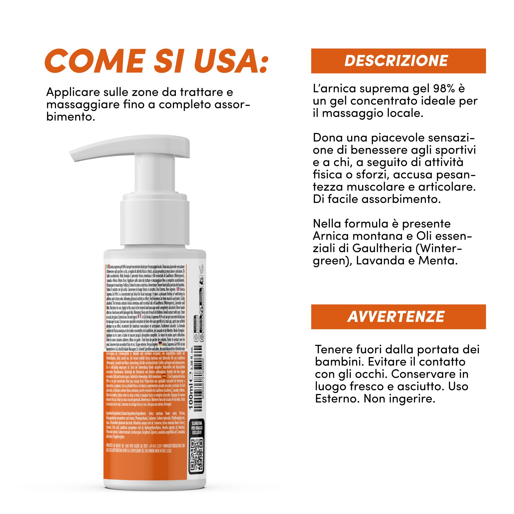 Uso: Applicare e massaggiare sulle zone da trattare. Descrizione: Il gel Arnica Supreme 98% è ideale per l'applicazione locale.