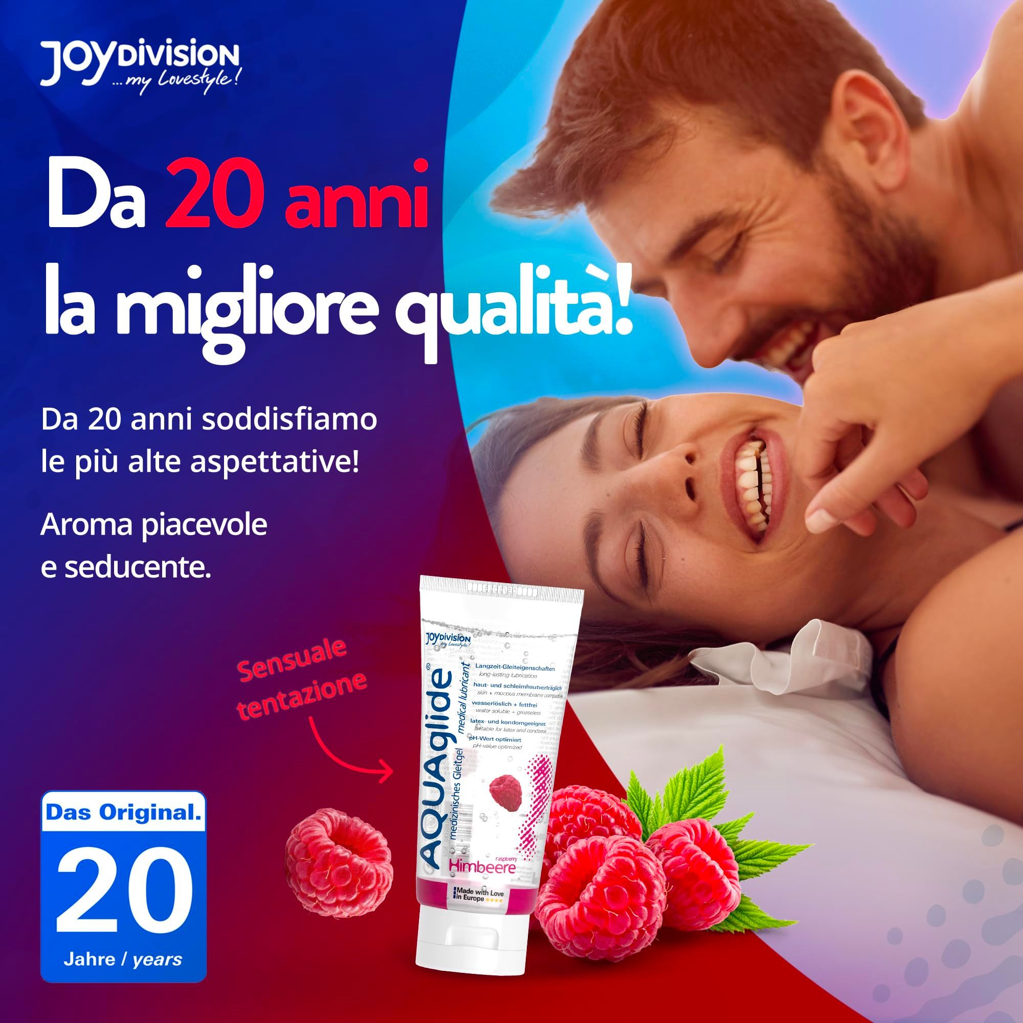 Tubo di gel lubrificante AQUAGLIDE lampone con il sigillo 'Best Lubricant 2014'.