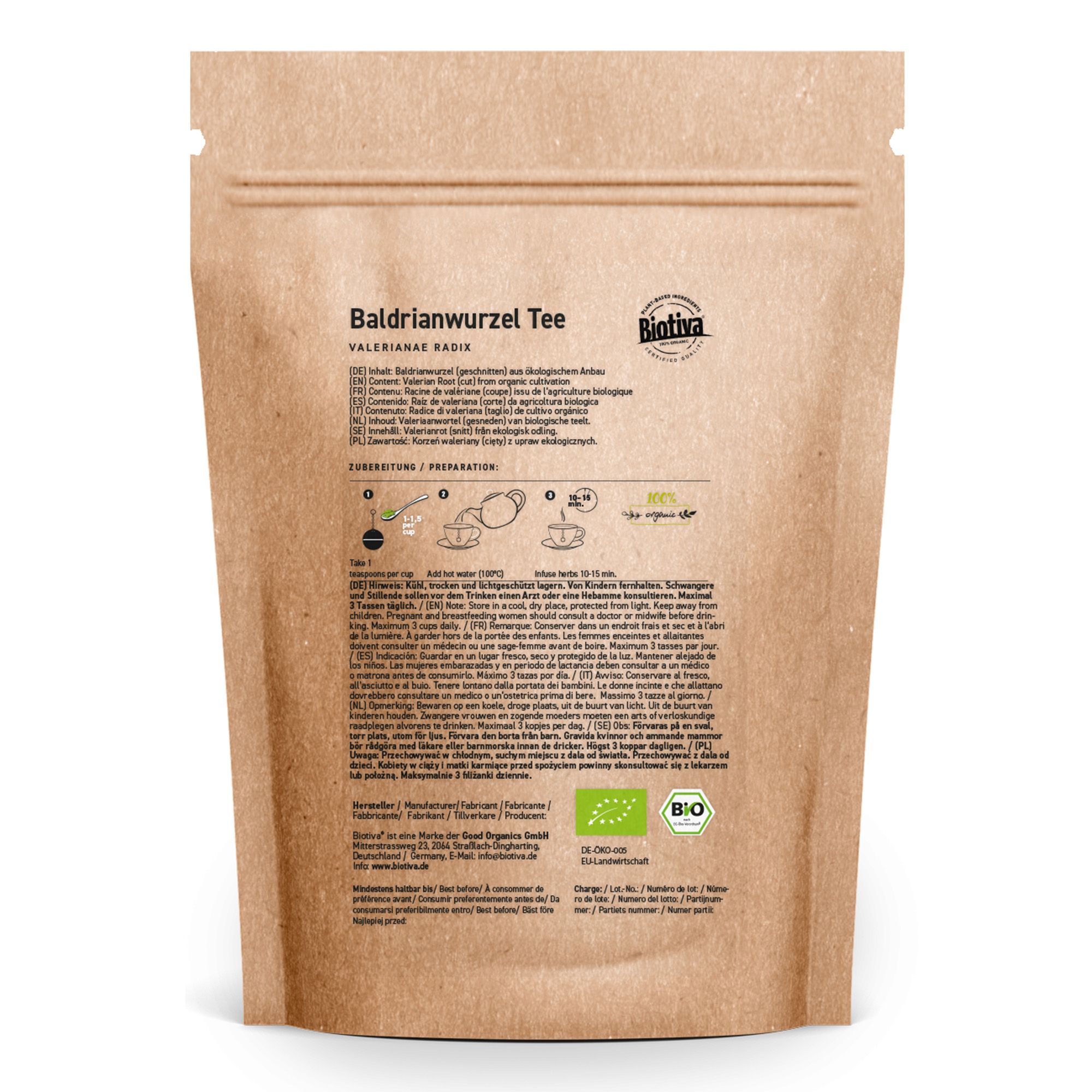 Confezione di carta marrone con stampa. Testo: Baldrianwurzel Tee, Biotiva, marchio biologico, istruzioni per la preparazione e ingredienti.