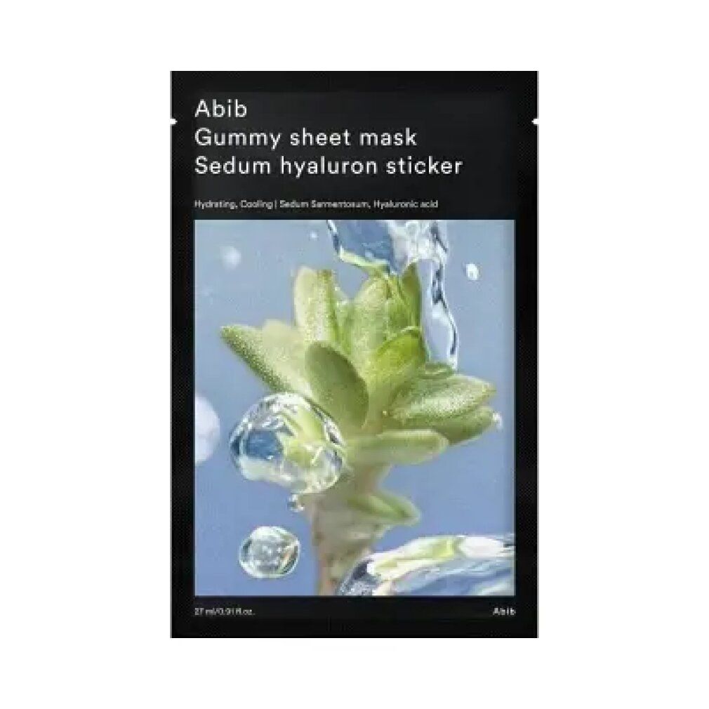 Confezione Abib Gummy Sheet Mask Sedum Hyaluron Sticker con pianta e gocce d'acqua.