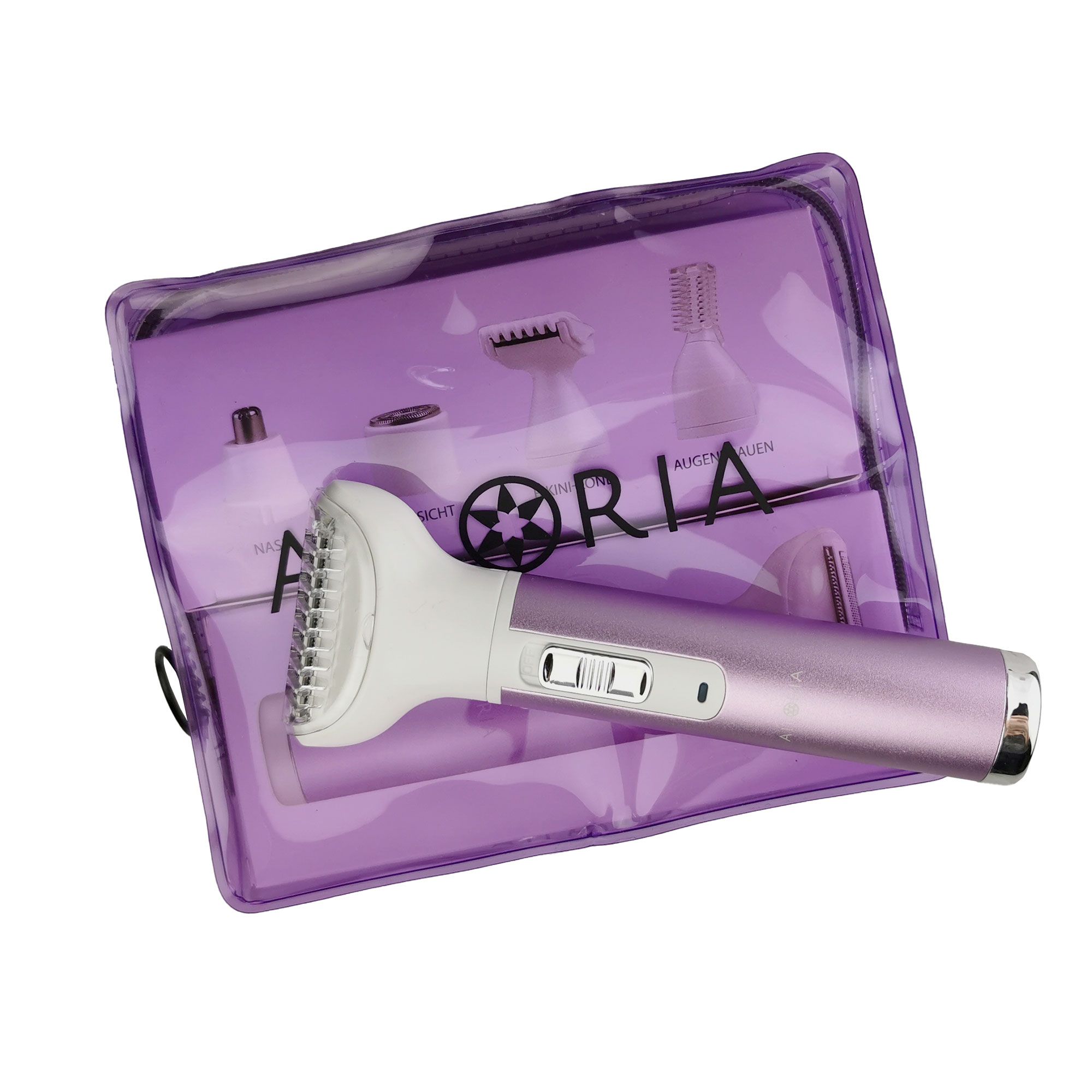 Custodia viola con rasoio e accessori. Logo AILORIA visibile. Include rasoio, rifinitore e accessori.
